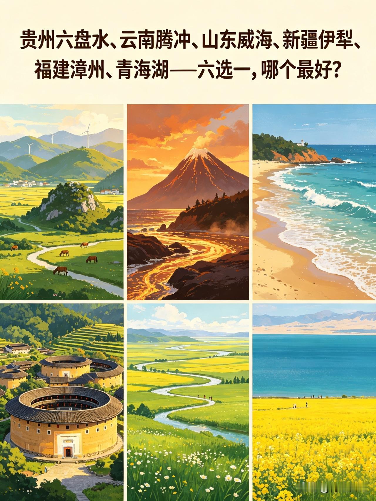 有没有人告诉我：
贵州六盘水、云南腾冲、
山东威海、新疆伊犁、
福建漳州、青海湖