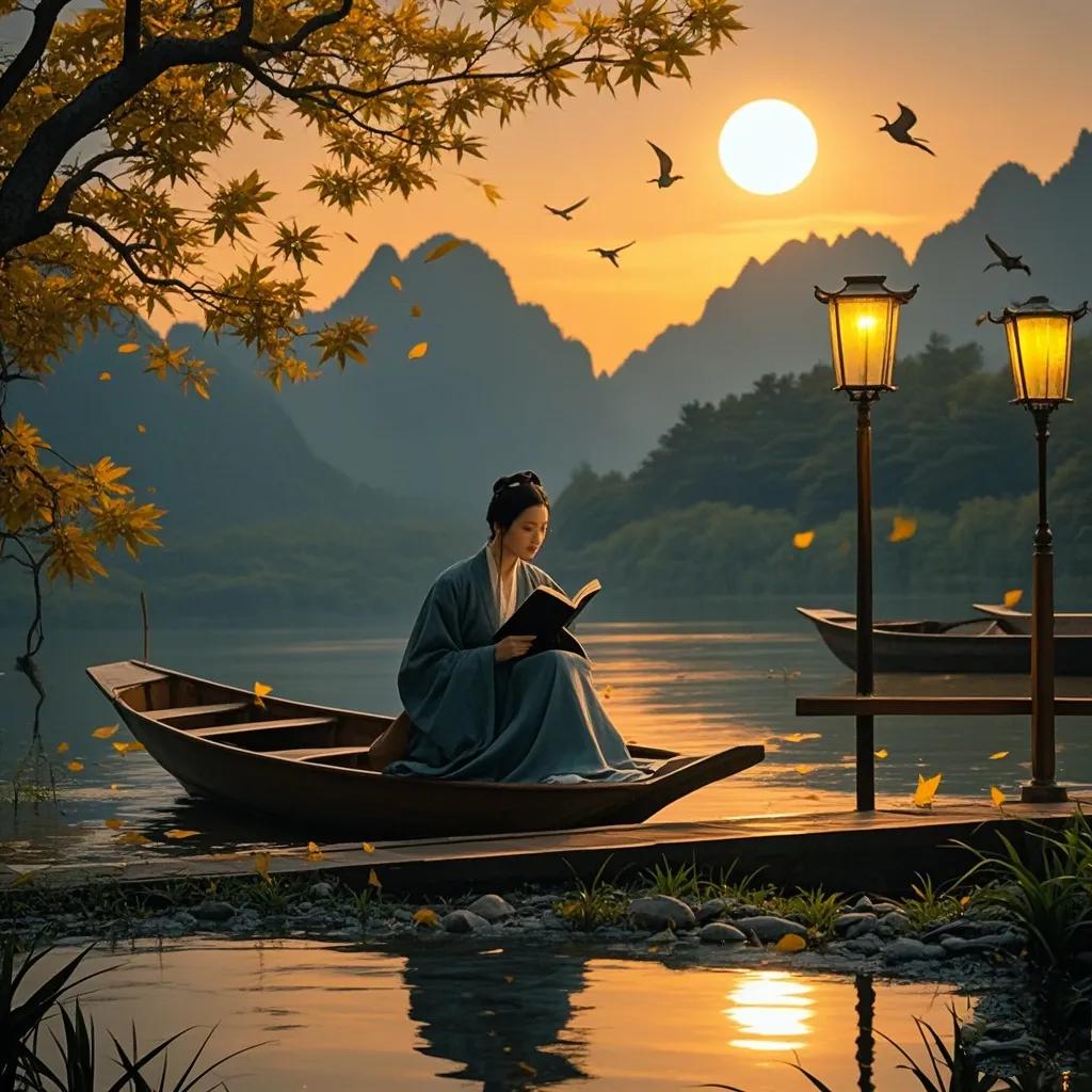 《秋思赋》
 
夕照西沉，暮霞纷涌，棹舟横卧于津渡，暮霭沉沉，秋意渐浓。倦鸟还林