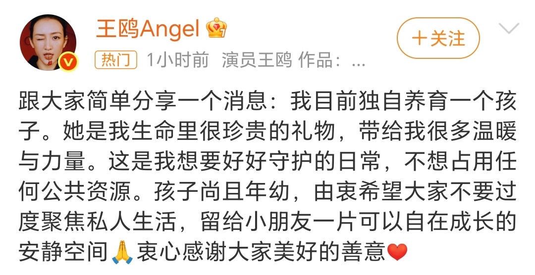 王鸥又咋了？好好的发这个是要准备做什么？女性独立么？王鸥 我目前独自养育一个孩子