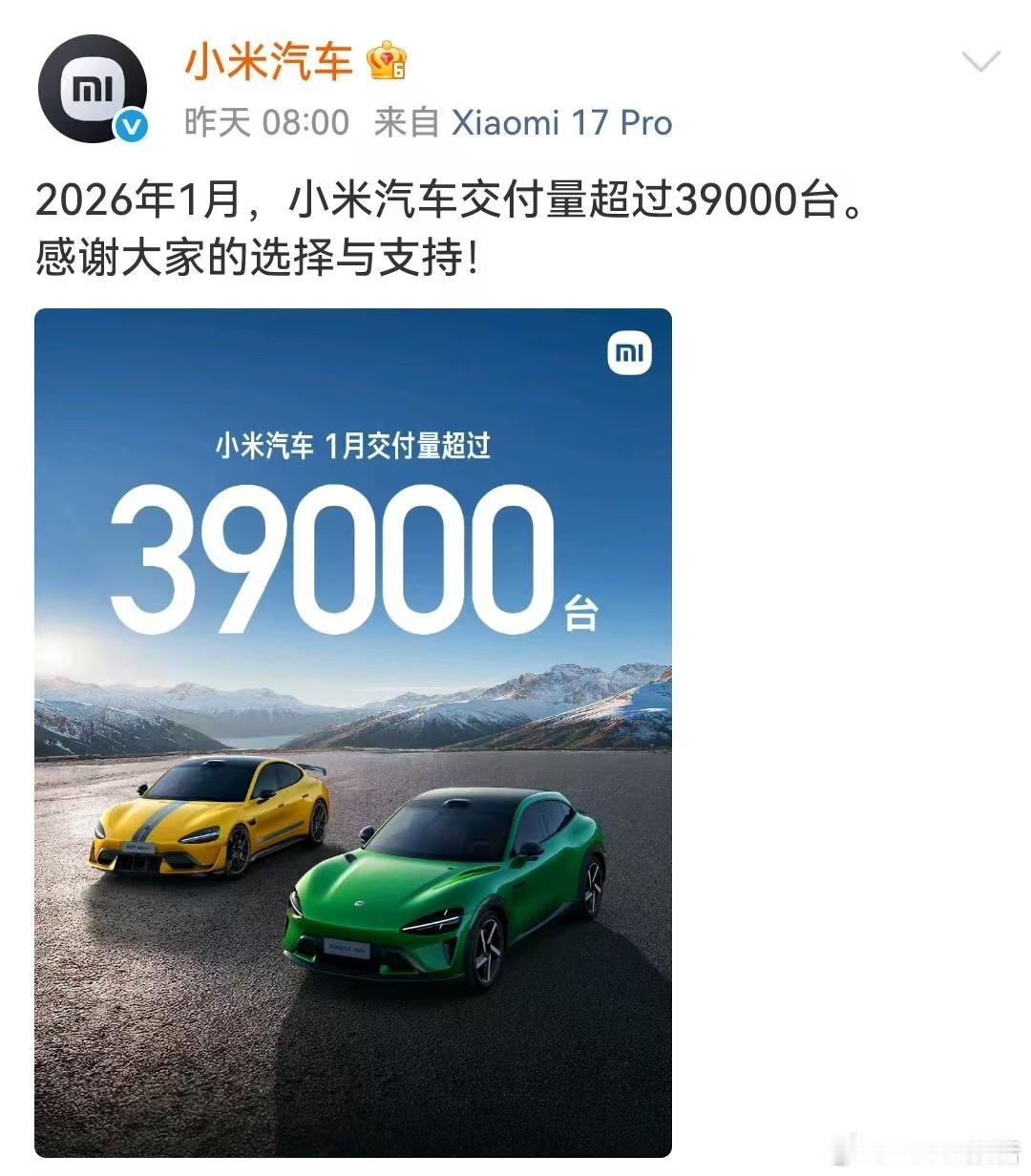 小米汽车1月交付同比增长超70%小米汽车1月交付量超过39000台。与去年同期公