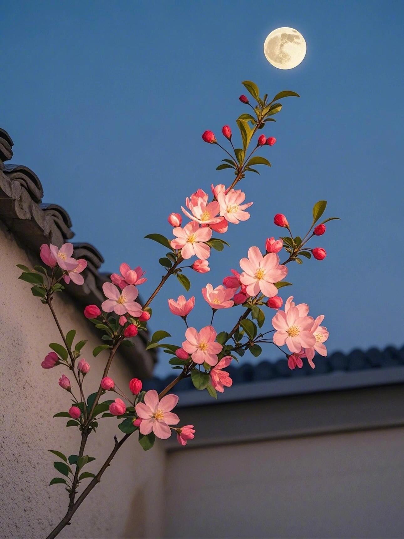 月下的海棠花真好看啊 