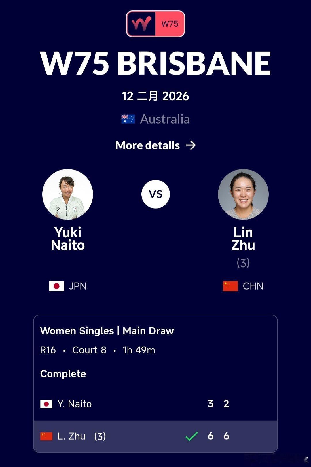 W75布里斯班站🇦🇺女单第2轮马烨欣🇨🇳6-2/6-2战胜斯蒂文斯🇦?