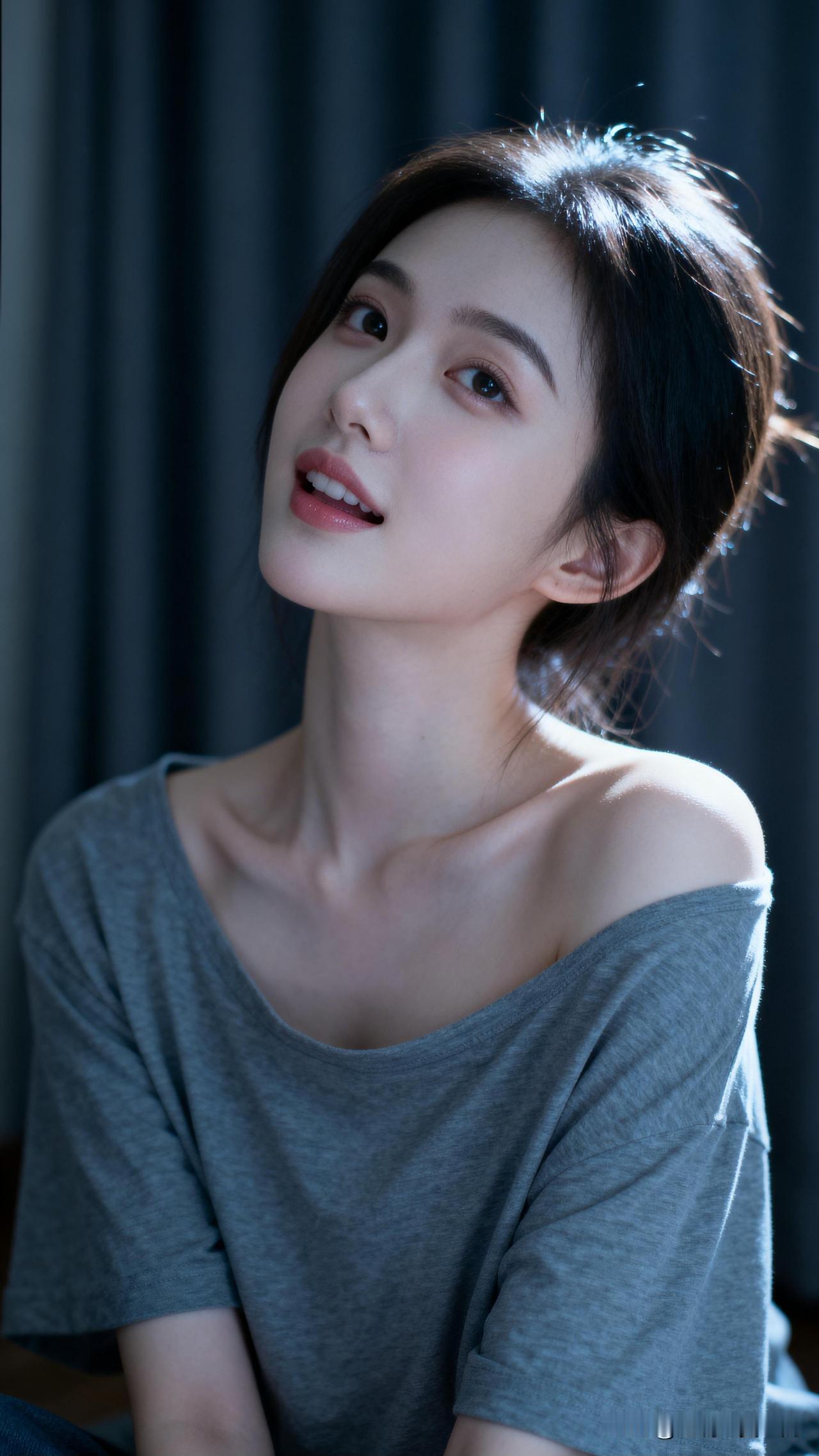 温柔微笑，岁月静好。什么样的女人最令人着迷 温柔甜美的少女，浅灰色上衣，自然光下