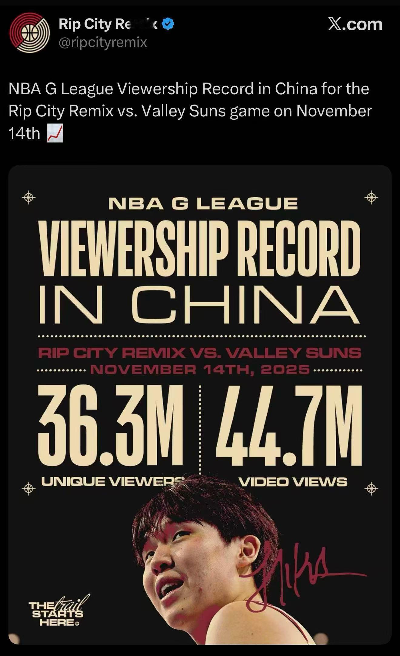 杨瀚森G联赛创中国收视率记录还得是中国球员带动流量！开拓者发展联盟混音队战胜山谷