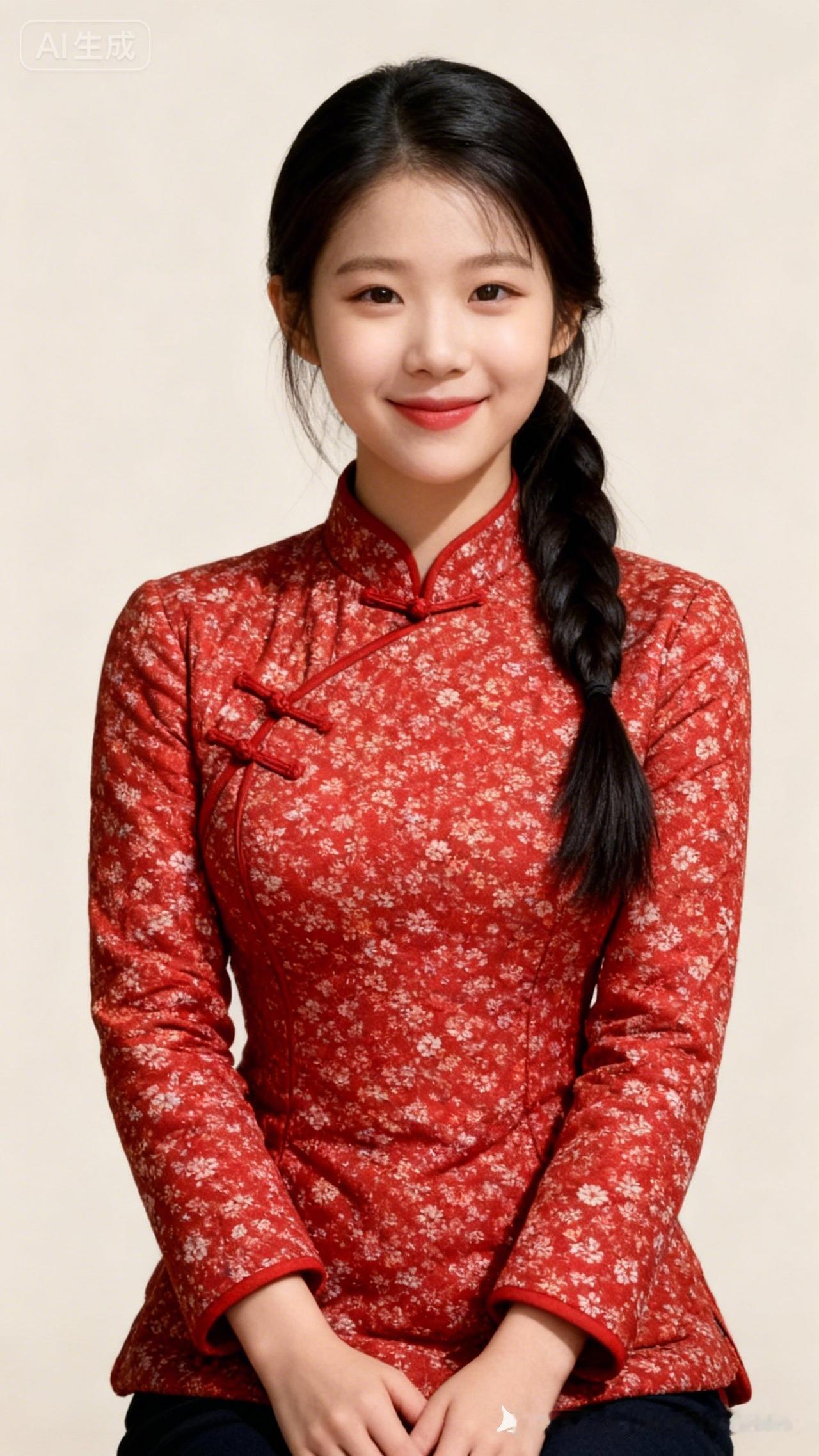 甜美少女，红衣花枝，温婉可人，AI生成。