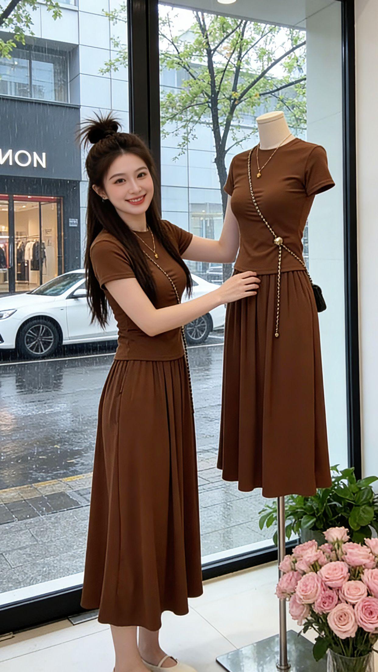 解锁夏日全场景穿搭，这套焦糖色两件套太适配了！雨天探店、花海打卡、湖边漫步都能穿