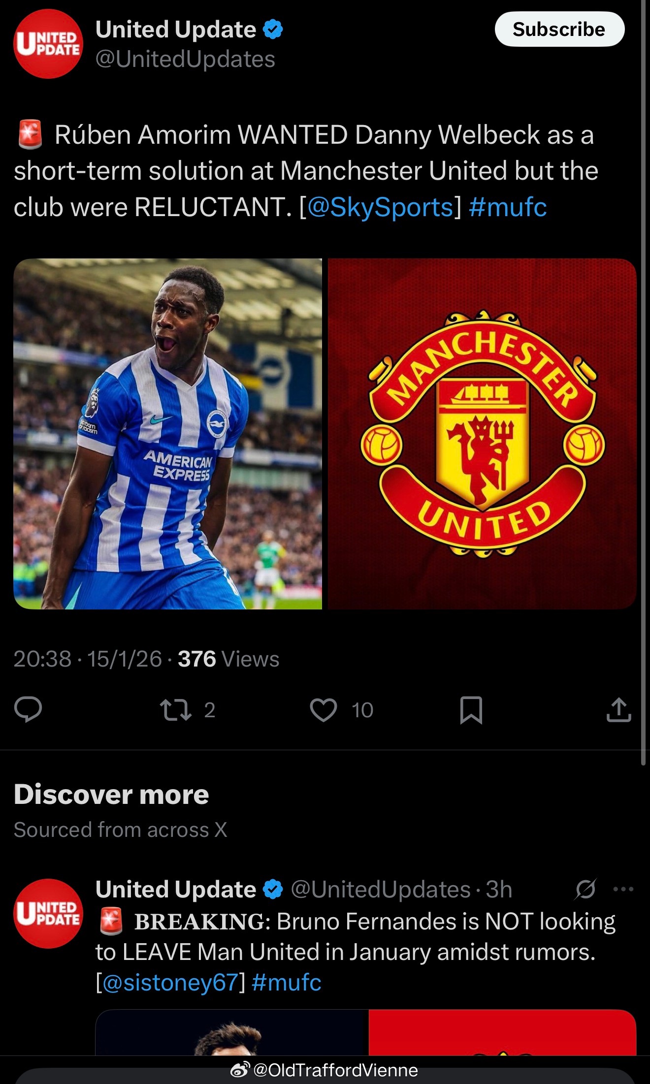 天空体育：阿莫林曾想把维尔贝克带回曼联作为短期内的解决方案BBC：费尔南德斯没有