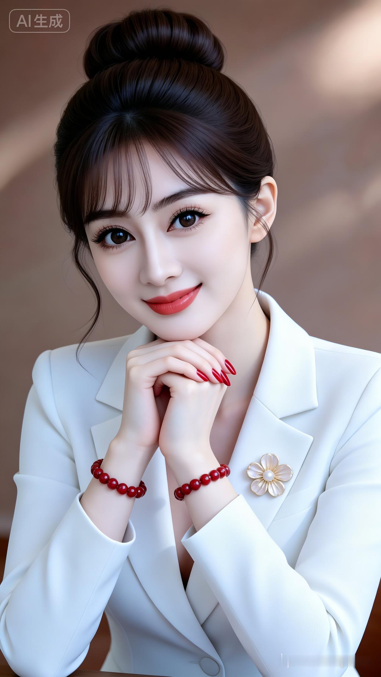 温婉职业女性鹅蛋脸杏眼灵动，棕发精致盘发配空气刘海。修身白西装点缀花朵胸针，红珠