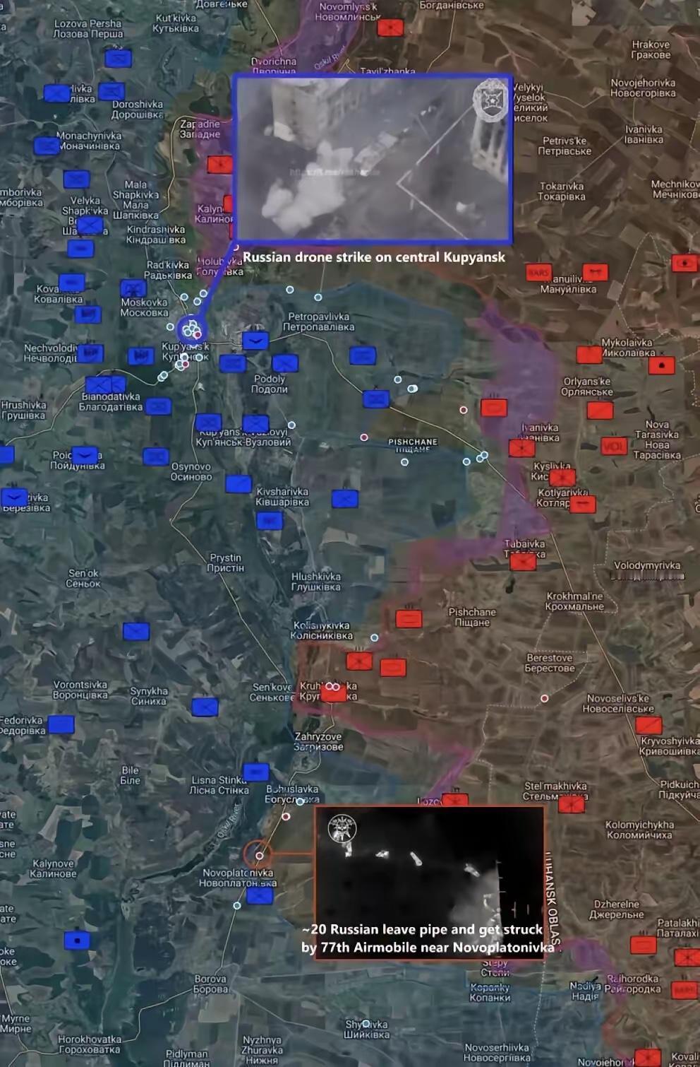 战场上，库皮扬斯克方向，乌军收复全部市区后在该市继续推进攻势，攻击轴线包括扎帕德