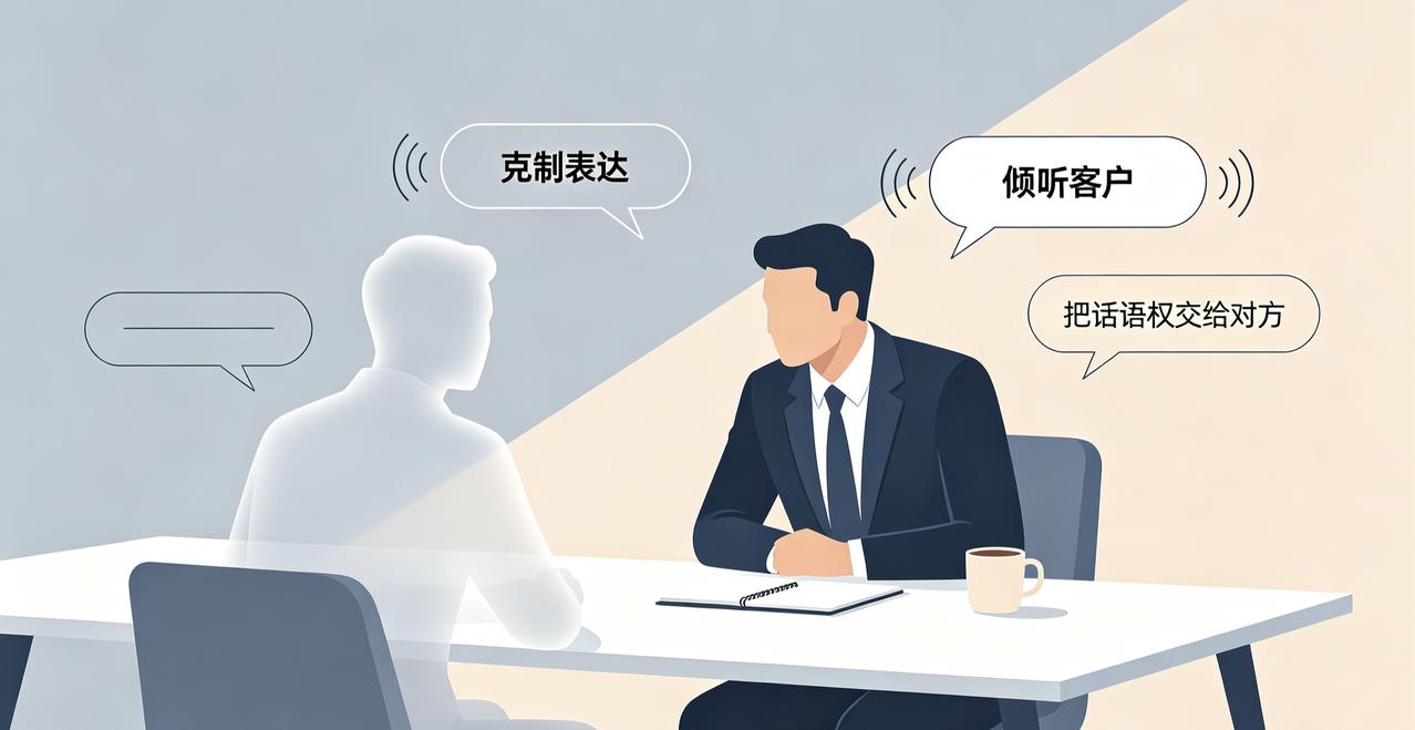 厉害的销售，懂得克制表达，把话语权交给客户
 
不少人做销售，有个通病：见到客户