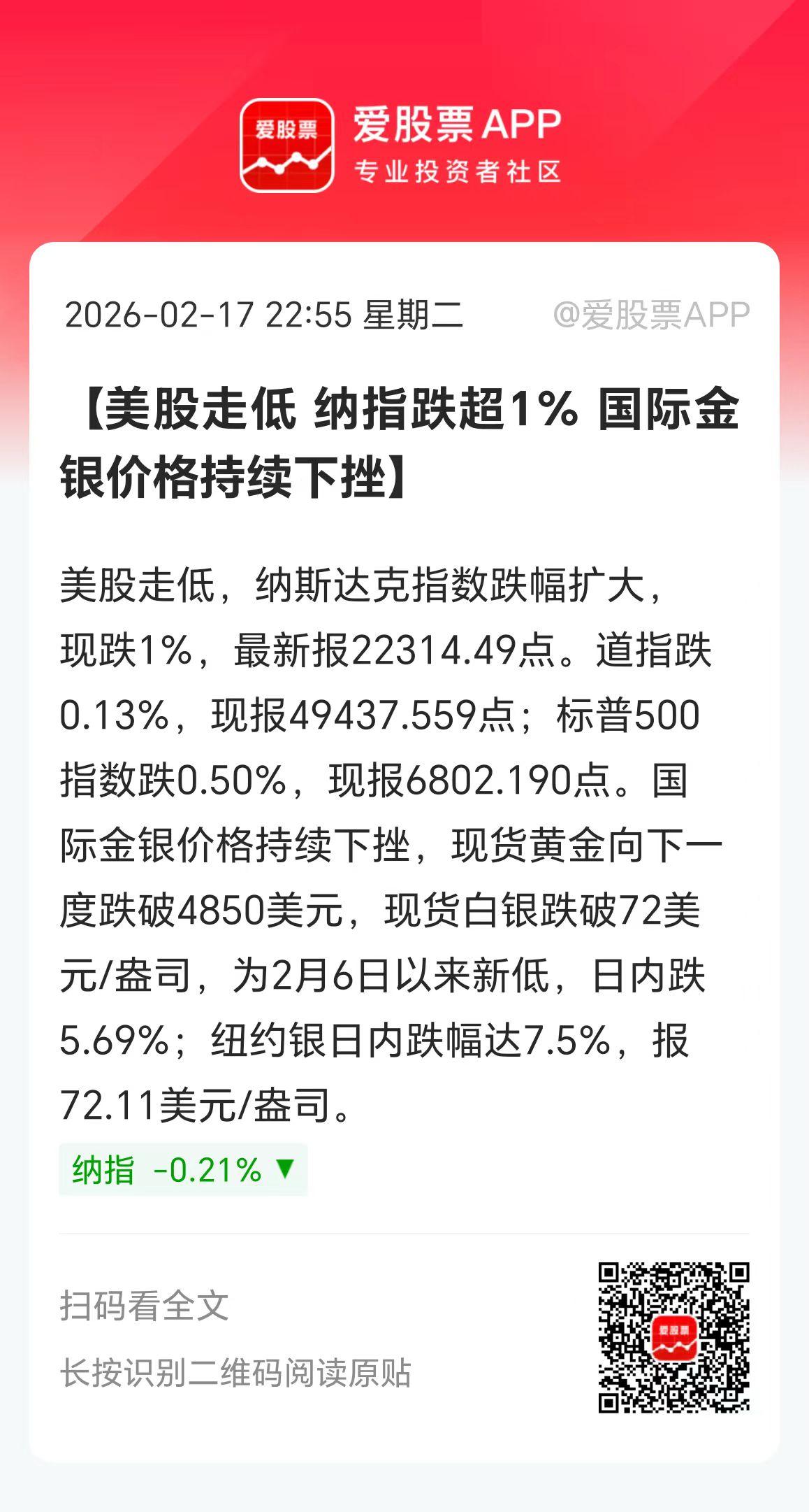 今晚美股跌了，黄金白银也大跌。之前A股长假休市，外围都是打了鸡血一样。先猛涨几天