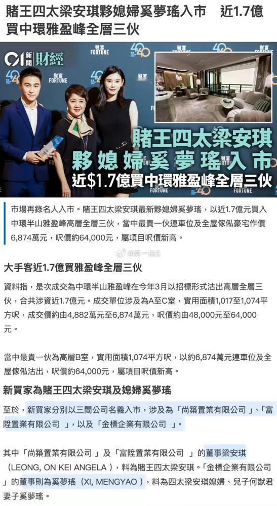 港媒报道，奚梦瑶和婆婆梁安琪以接近1.7亿港元的价格，一口气买下盈大地产香港中环