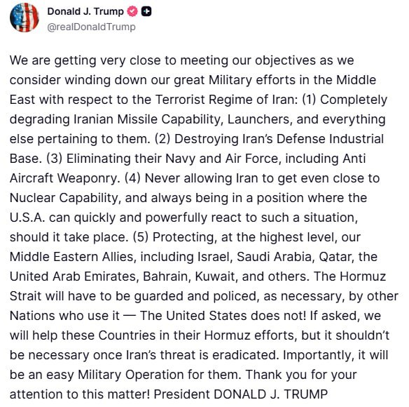 特朗普发帖称已经接近实现他发起的伊朗战争目标。他说：在考虑逐步结束我们在中东针对