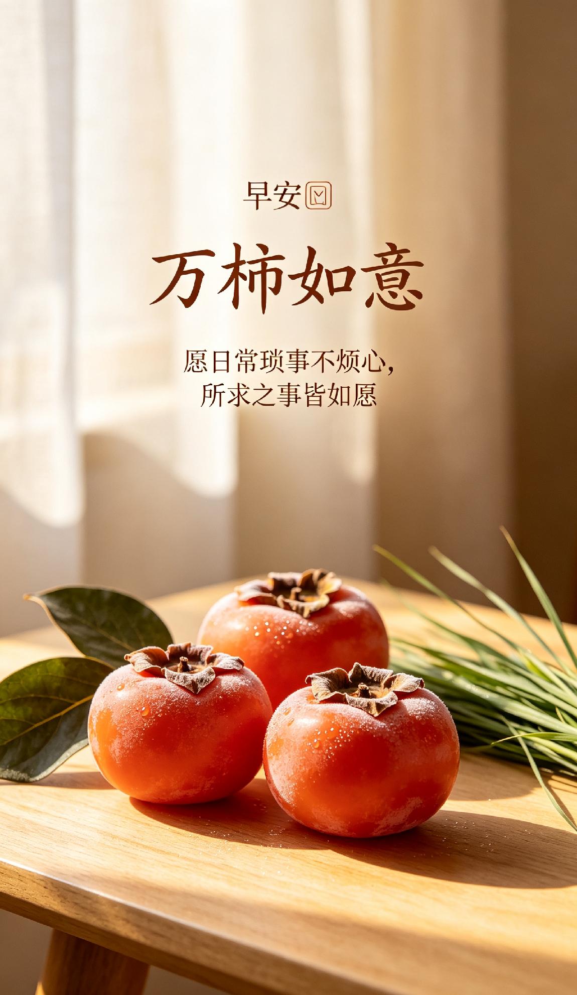 早安🌿
一直觉得“万柿如意”是最有烟火气的早安祝福。
 
柿子红得透亮饱满，念