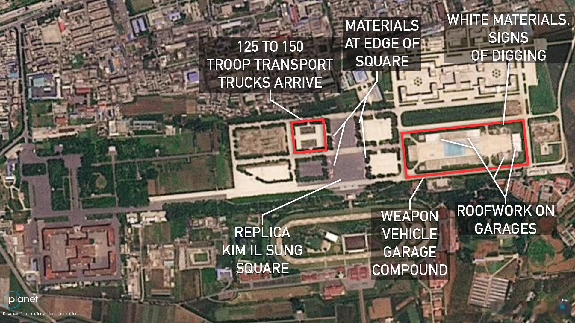 nknews：卫星图像显示朝鲜阅兵场出现新活动随着卡车抵达和车库翻新，可能的阅兵