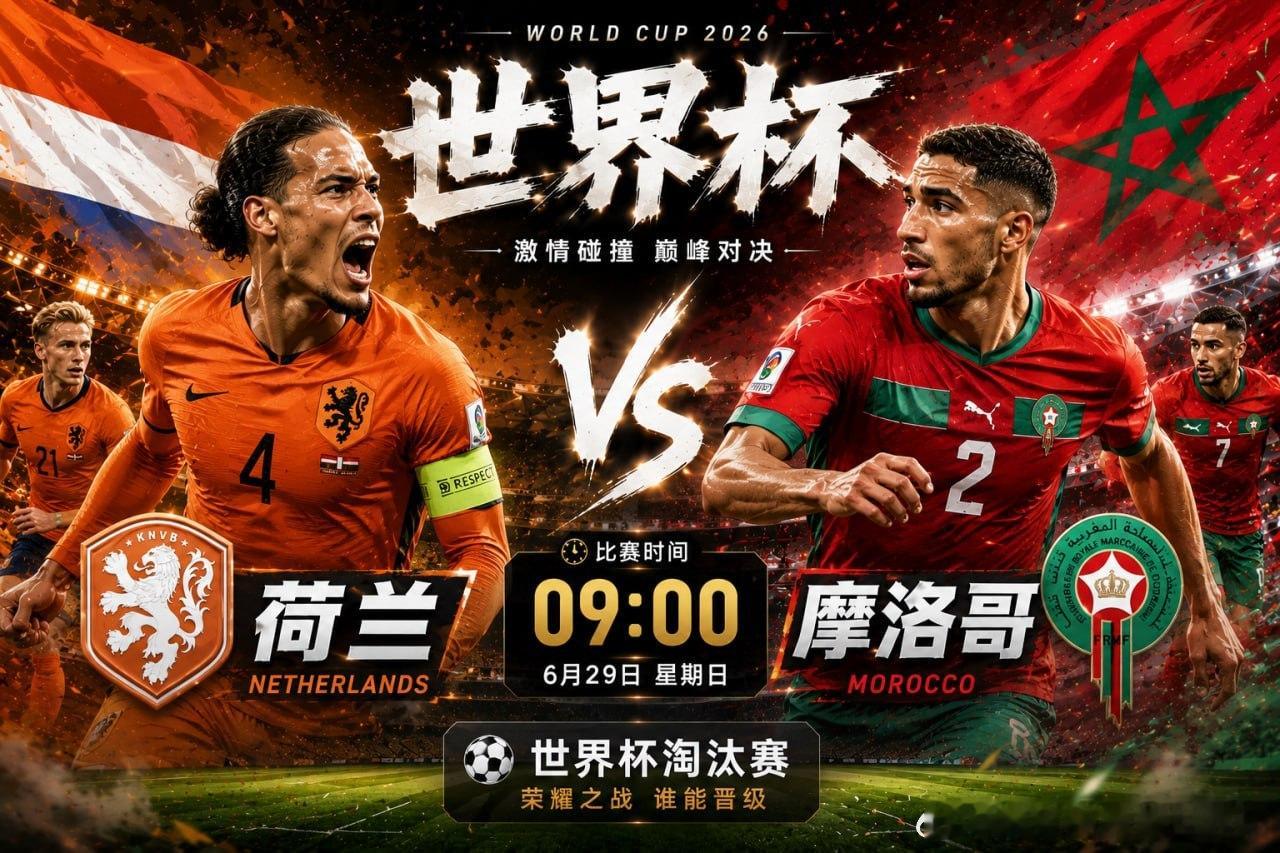 🏆 世界杯淘汰赛，悬念继续！⏰ 09:00🇳🇱 荷兰 🆚 摩洛哥 🇲?