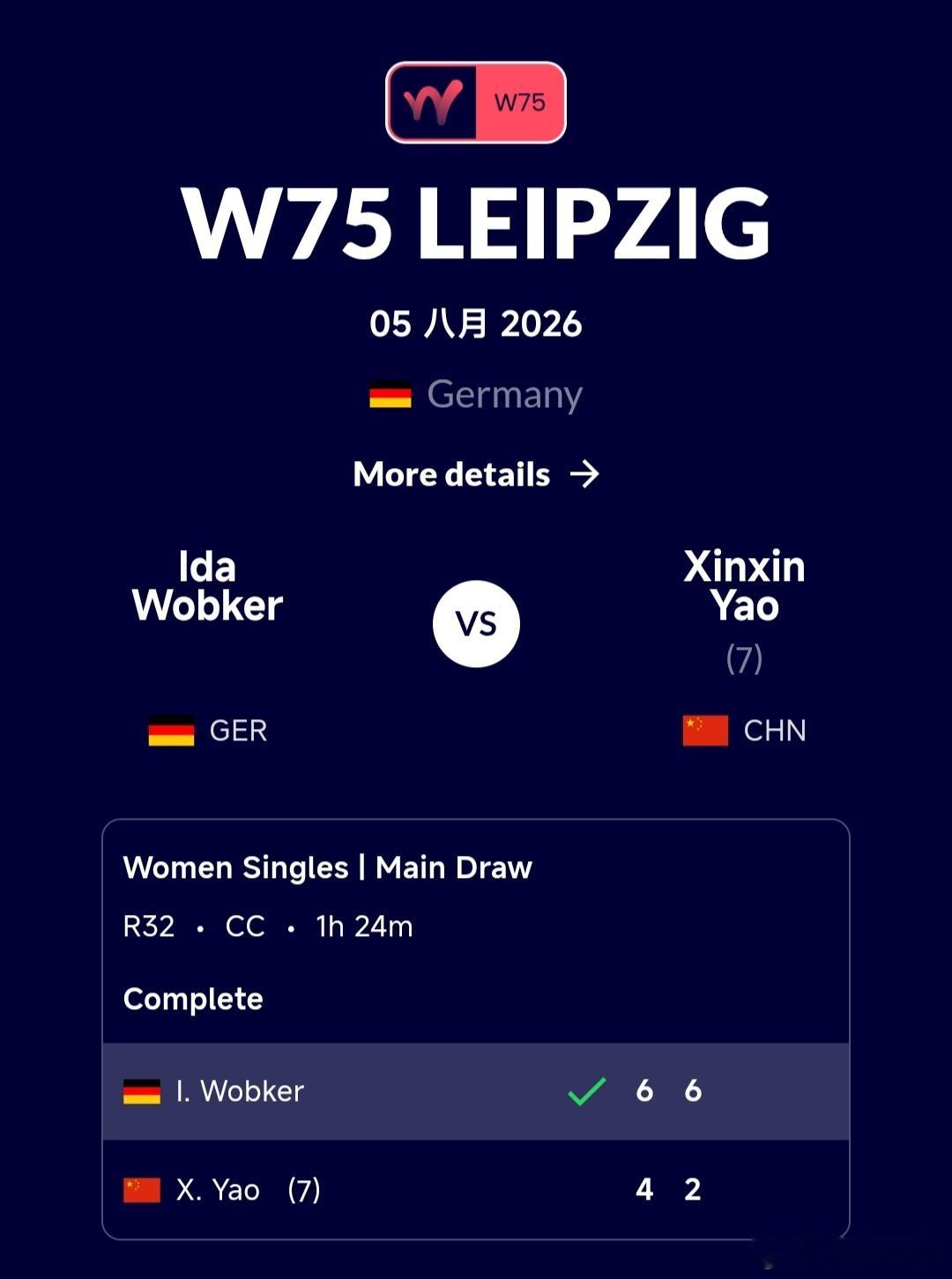 W75莱比锡站🇩🇪女单第1轮姚欣辛🇨🇳4-6/2-6不敌本土外卡球员沃布
