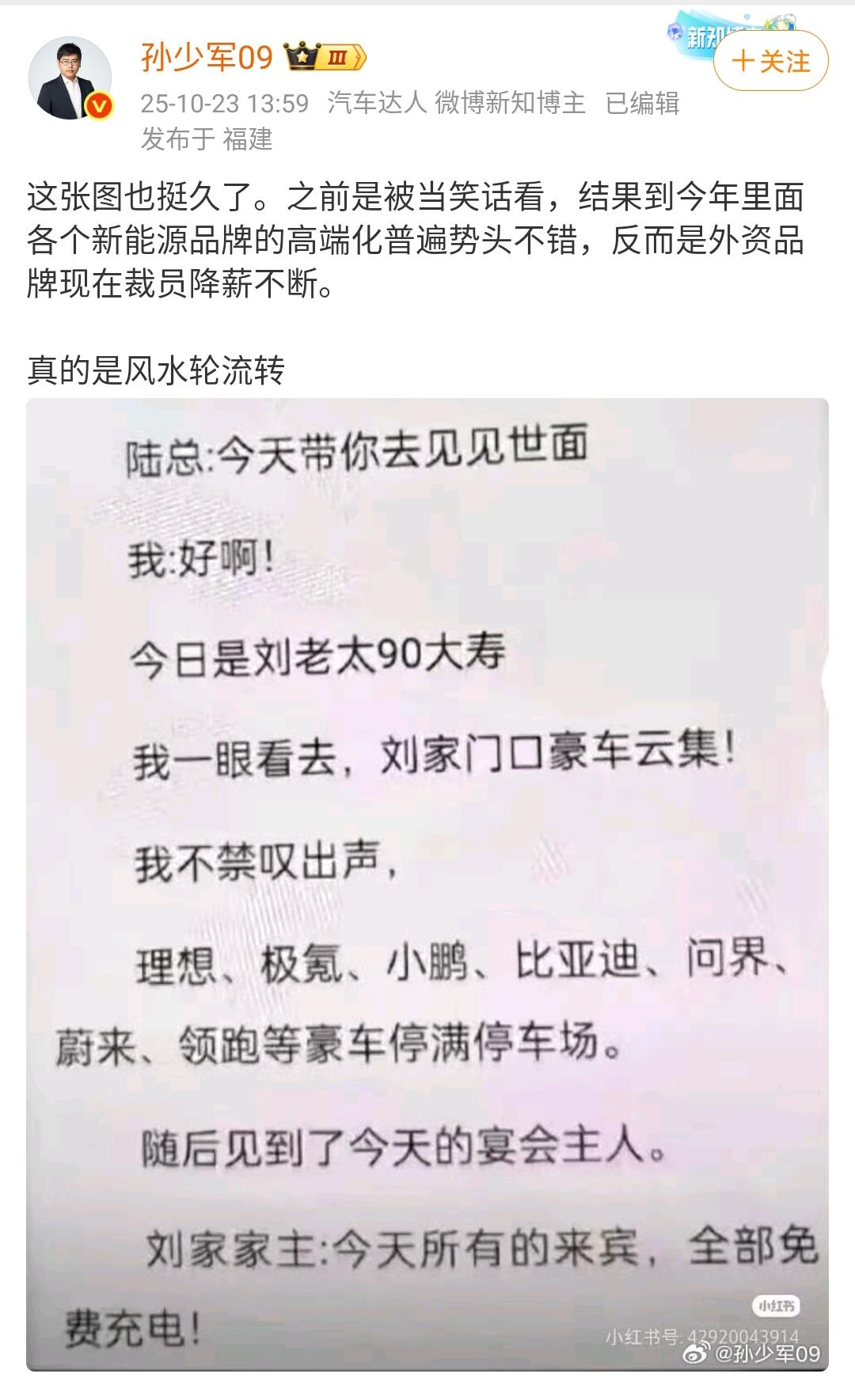 孙少军：这张图也挺久了。之前是被当笑话看，结果到今年里面各个新能源品牌的高端化普