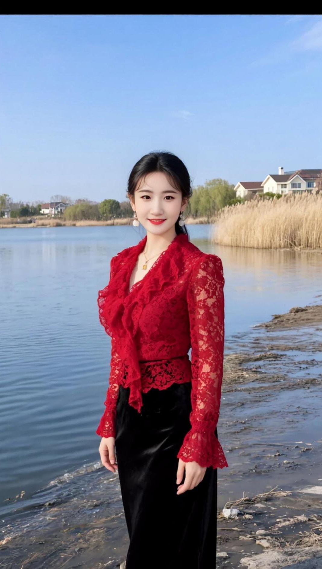 AI湖畔红装照