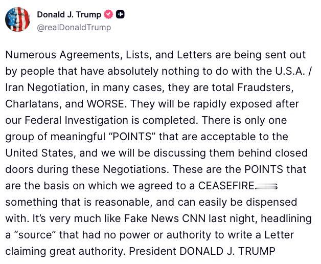 特朗普：许多协议、清单和信件正由那些与美伊谈判完全无关的人发出。在许多情况下，他