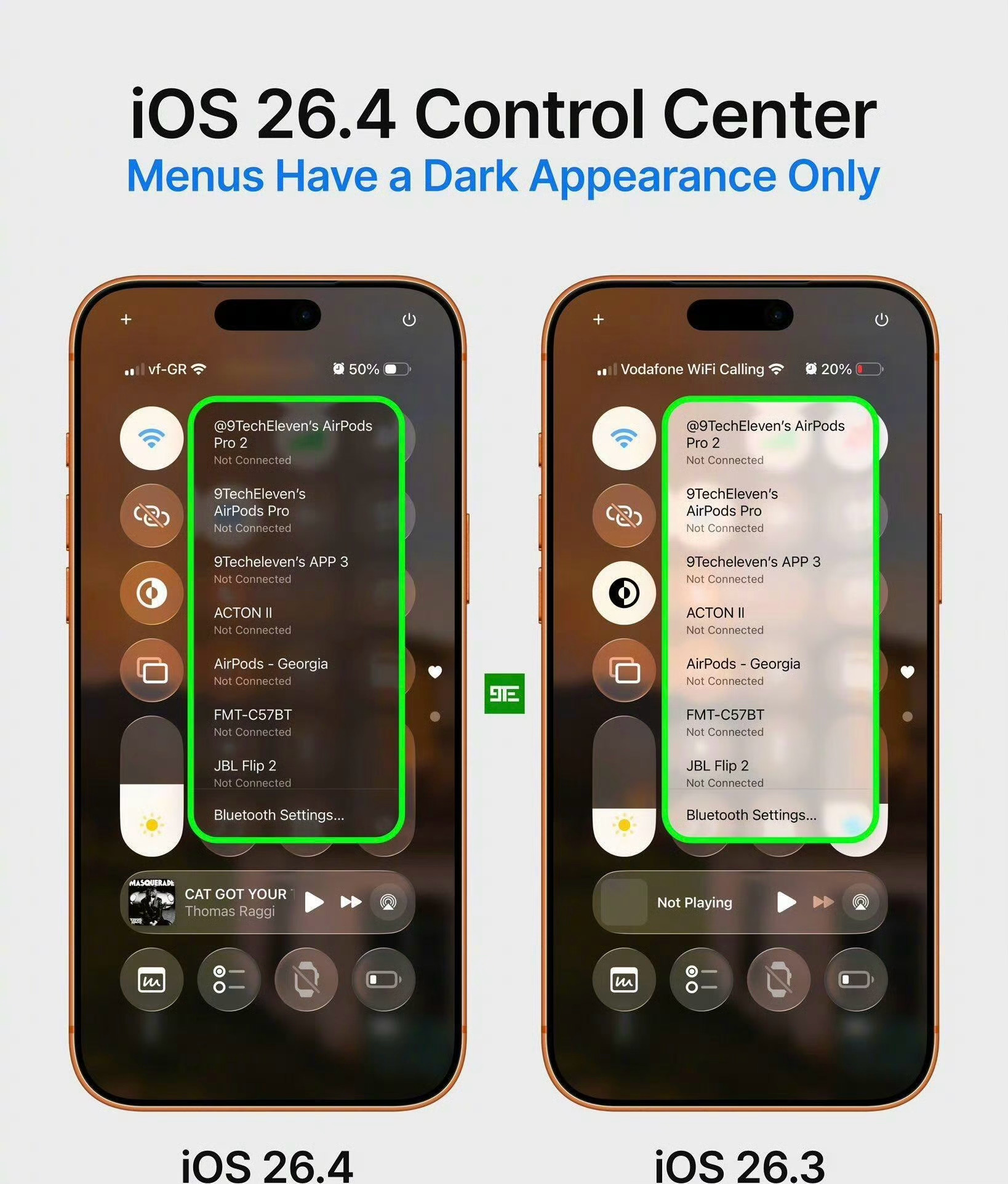 iOS 26.4更新后控制中心与之前的iOS版本相比上下文菜单颜色更深 