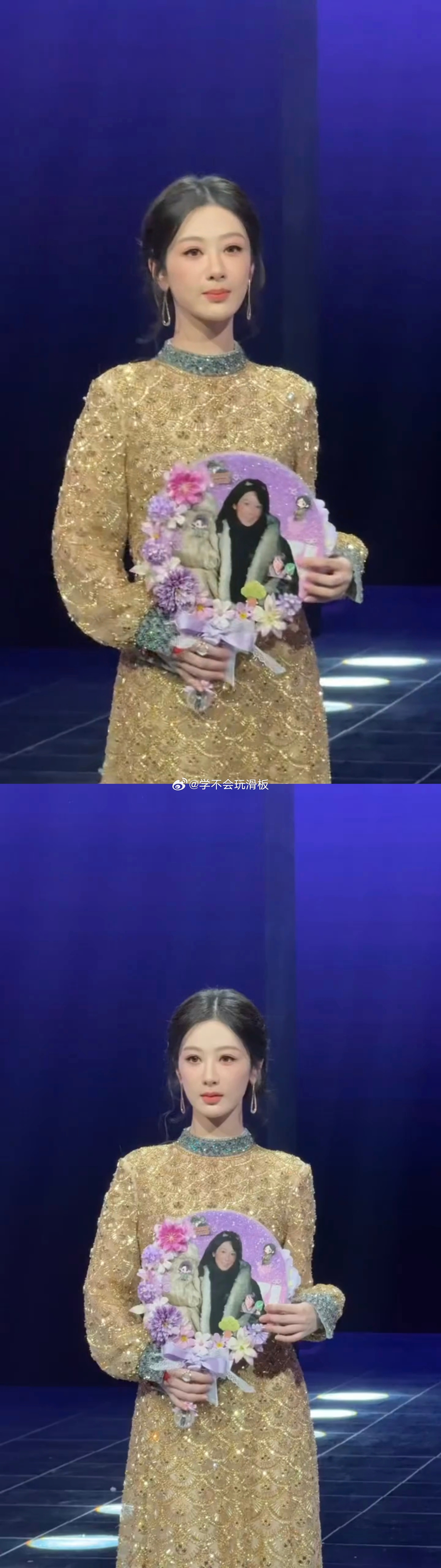 杨紫微博之夜红毯生图状态带着白菊应援扇走红毯了。 
