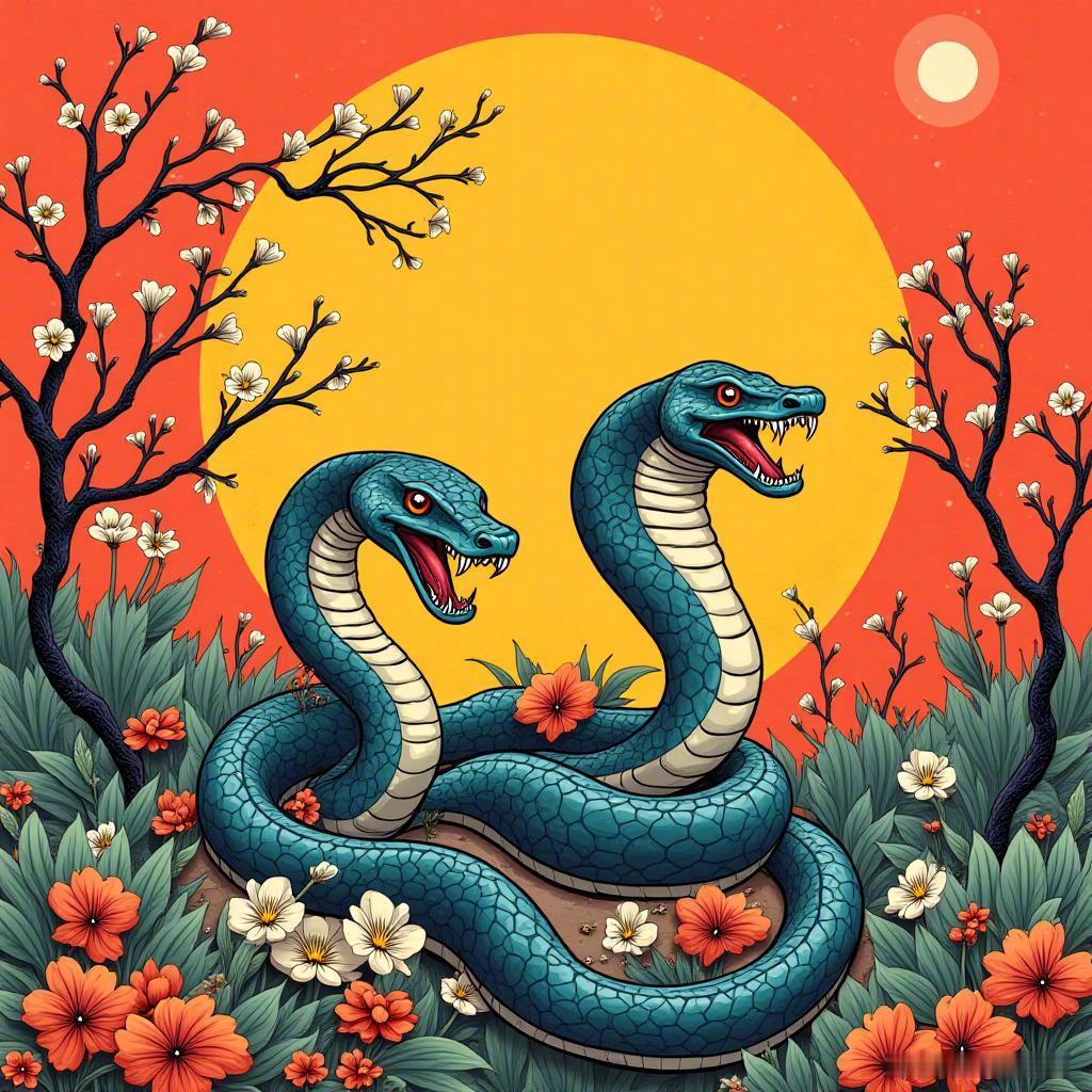 在这色彩斑斓的复古漫画中，蛇的温暖象征与中国风的梅花交融，仿佛时光在此刻静止，心