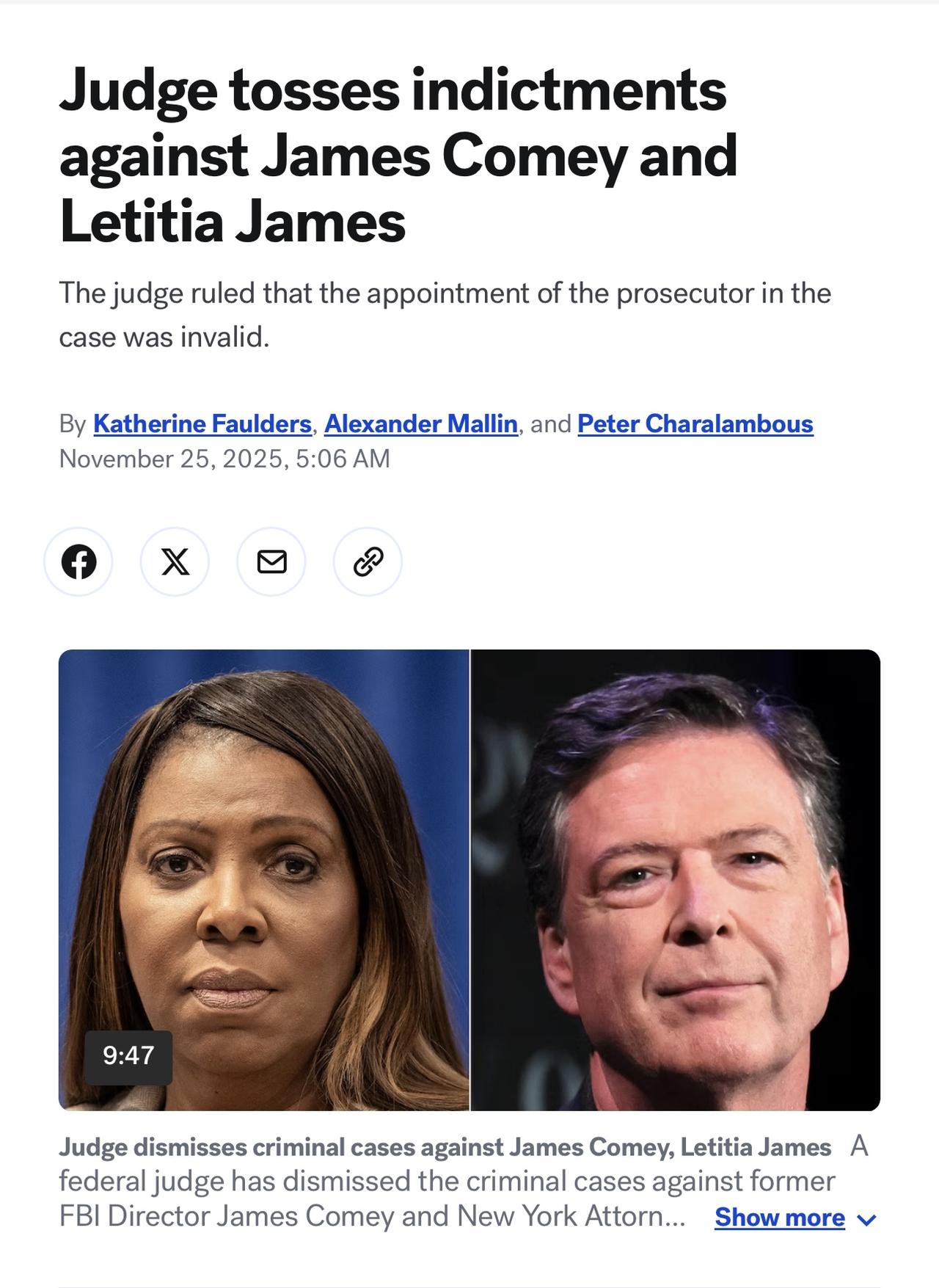 美国一名联邦法官撤销对联邦调查局前局长科米、纽约州总检察长詹姆斯的起诉，理由是提