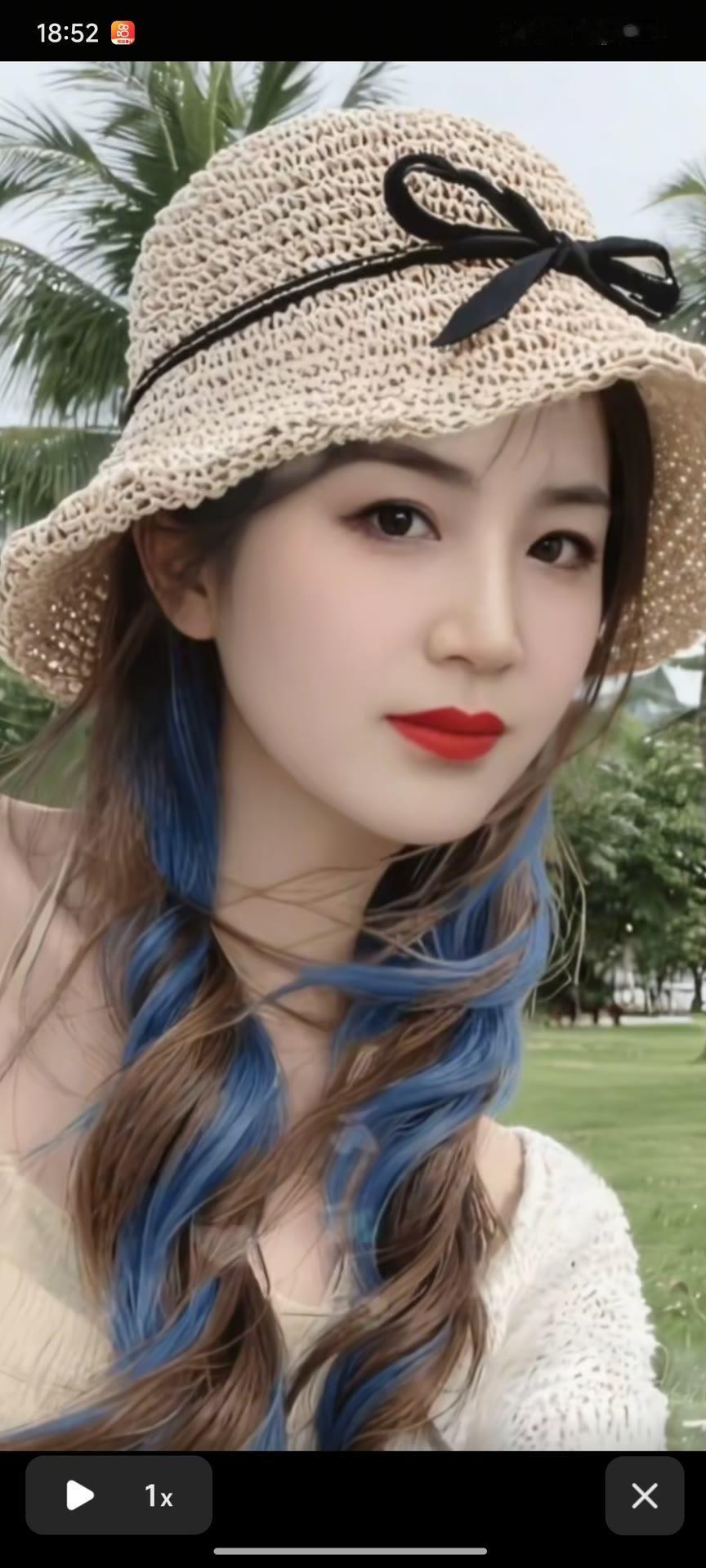 夏日清新穿搭，草帽+蓝发，元气满满！