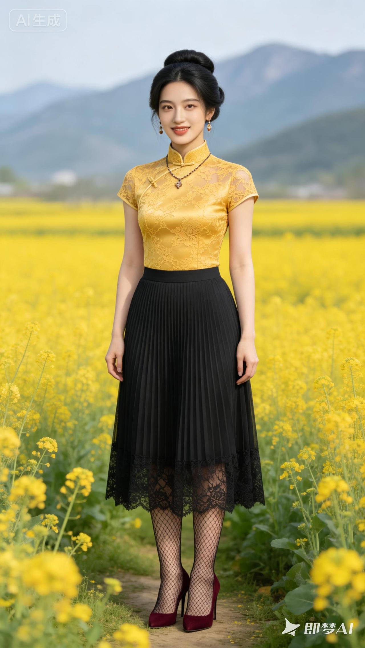 优雅旗袍与自然田野的完美结合，尽显东方韵味！