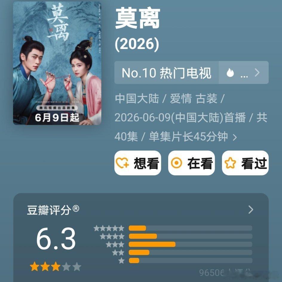 白鹿丞磊《莫离》豆瓣开分6.3，将近十万人打分！ 