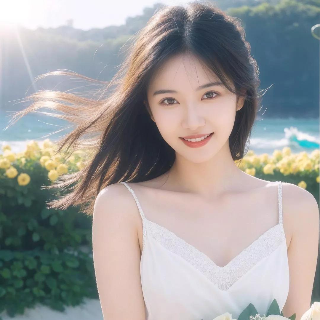 沙滩上的甜美少女，阳光洒满笑容海边活力少女 海边度假少女 海边白衣少女