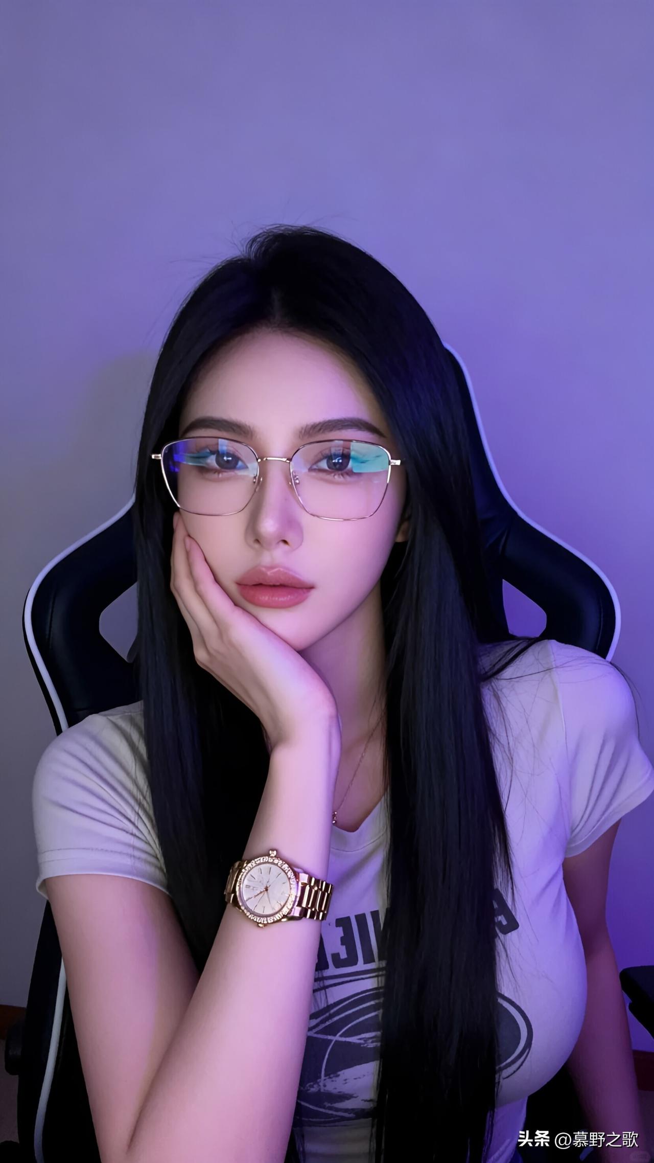 紫色的灯光营造出神秘而浪漫的氛围，一位戴着眼镜的女子坐在电竞椅上，手托香腮，眼神