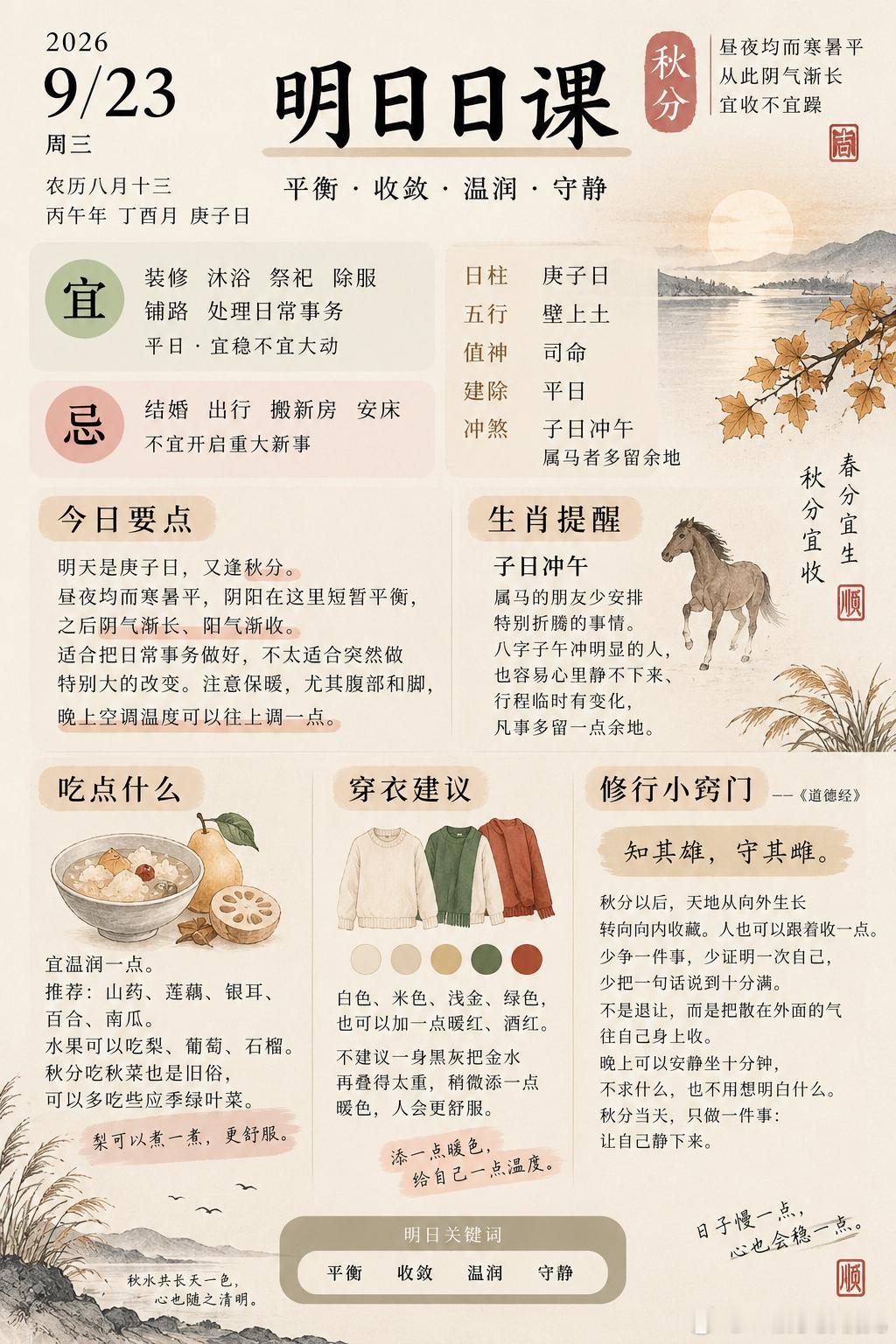 明日日课｜9月23日·庚子日｜秋分明天是秋分，也是庚子日，壁上土，平日。秋分这一