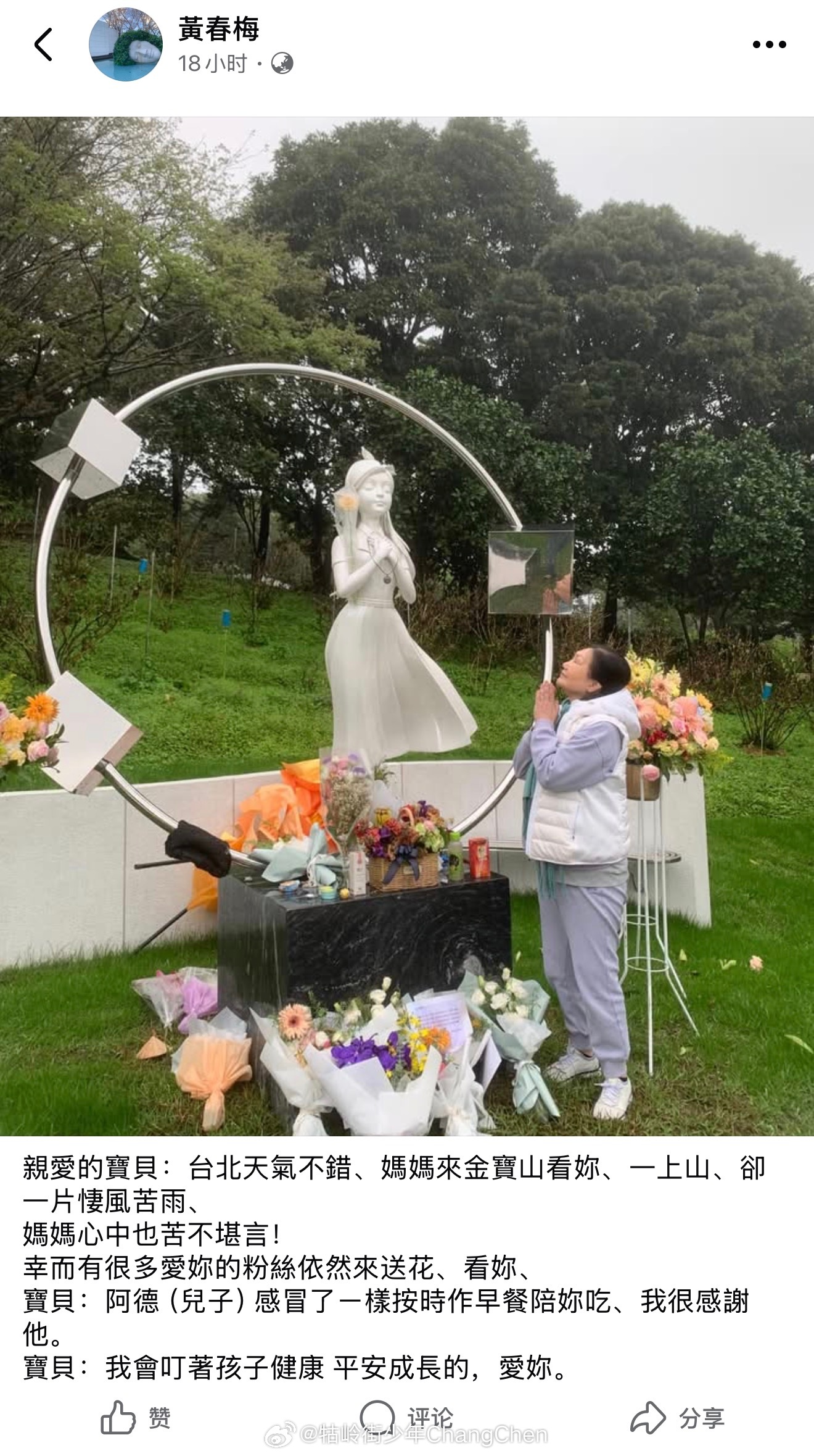 大S的妈妈黄春梅去墓地看大S了“亲爱的宝贝：台北天气不错，妈妈来金宝山看你，一上