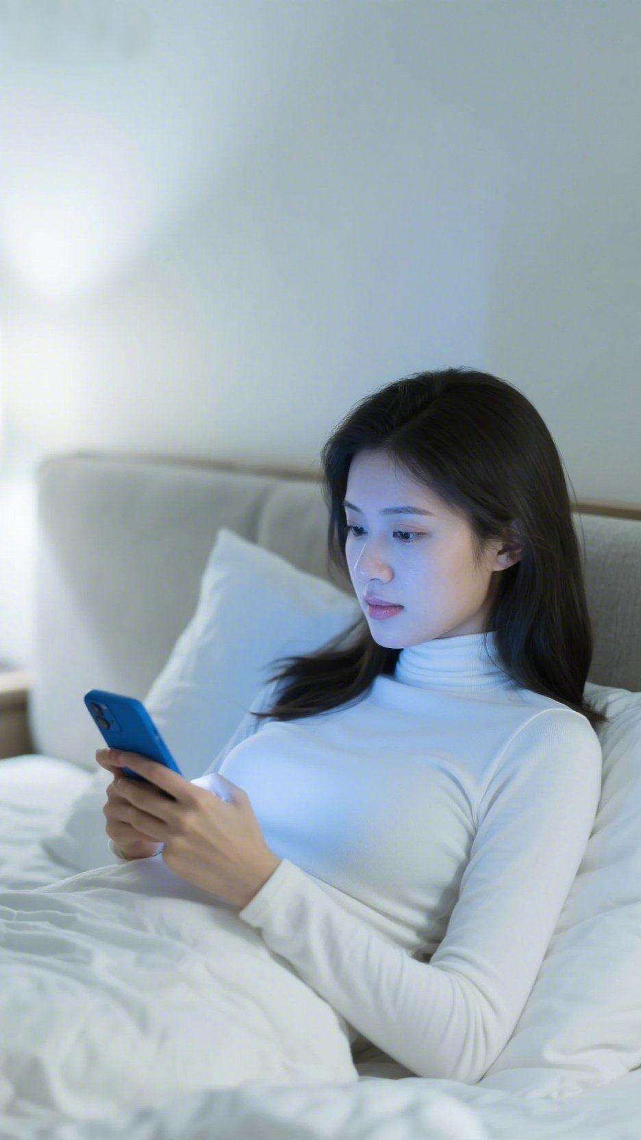 《夜盏柔光里的轻缓》
 
夜的软意漫过床沿，她裹着素白衣衫倚在枕间，指尖的蓝手机