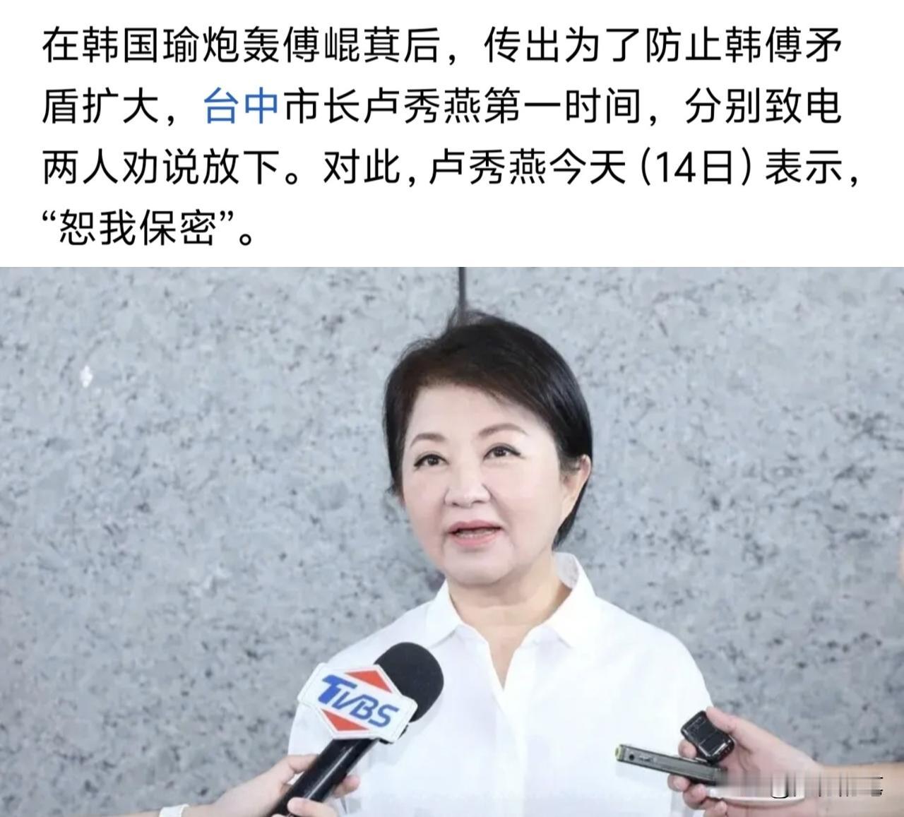 出手劝和韩国瑜与傅琨萁？卢秀燕回应一句“恕我保密”，其实最尴尬的是郑丽文。

再