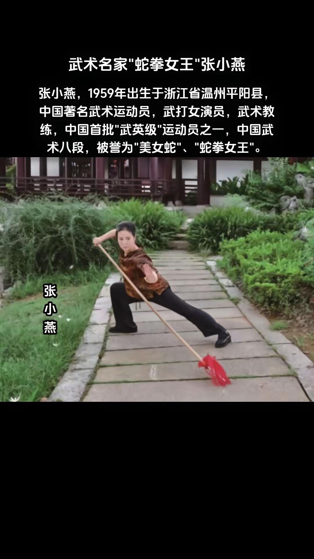 武术名家"蛇拳女王"张小燕，1959年出生于浙江省温州市平阳县，中国著名武术运动