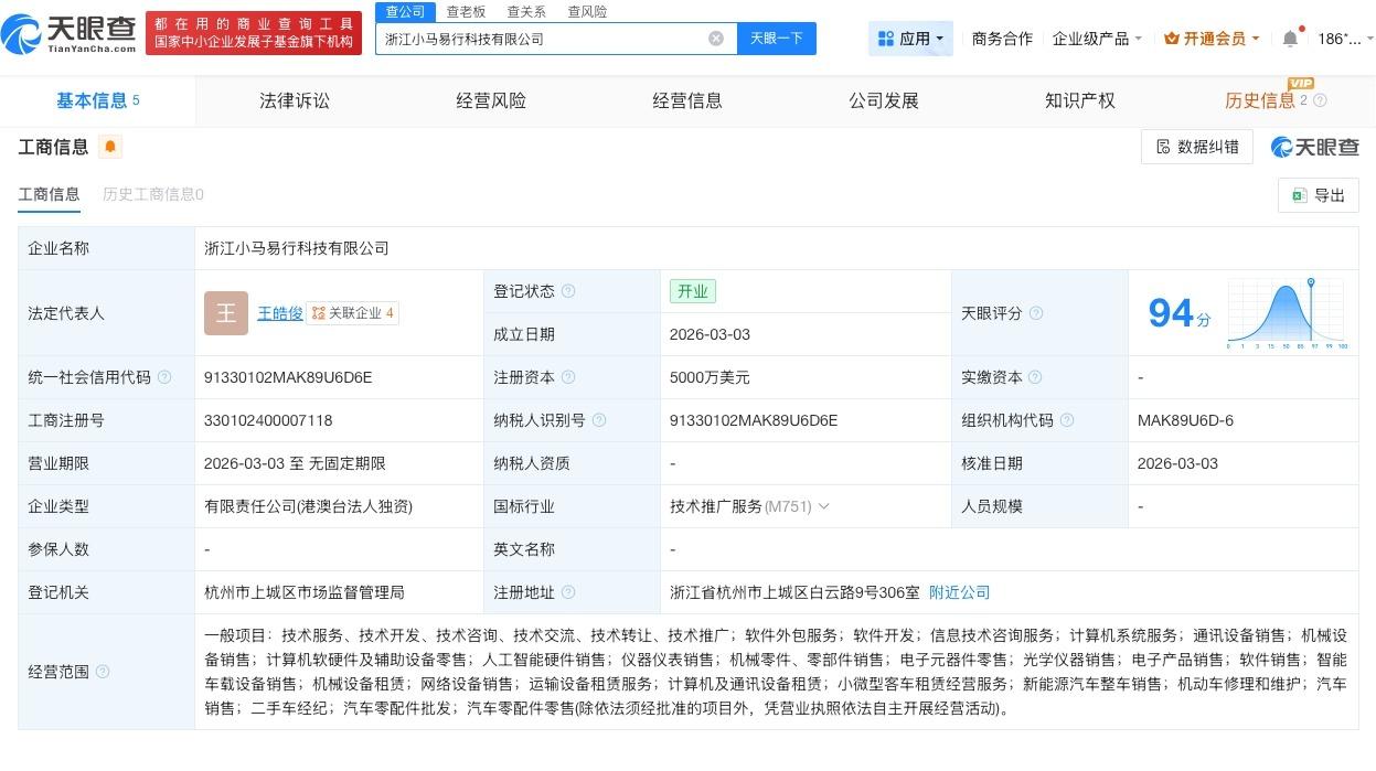 小马智行在浙江成立新科技公司 注册资本5000万美元
天眼查工商信息显示，近日，