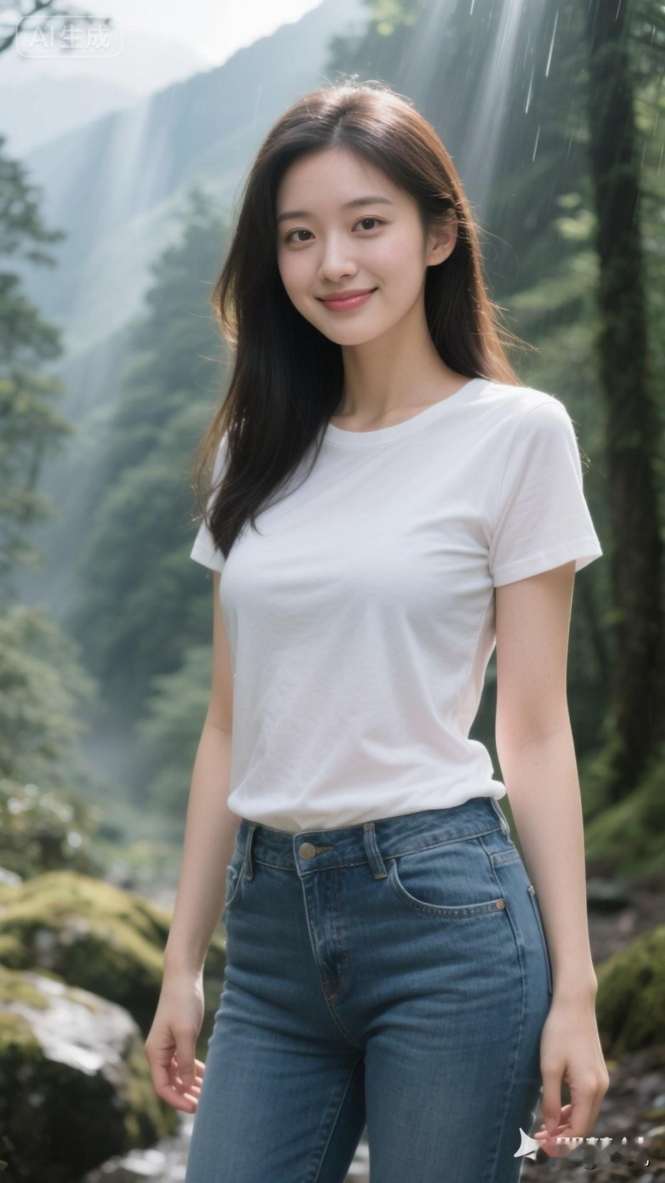 白T恤，牛仔裤，
林中仙子缓步出。
不描眉，不施粉，
清清纯纯真动人。
🌿
浅