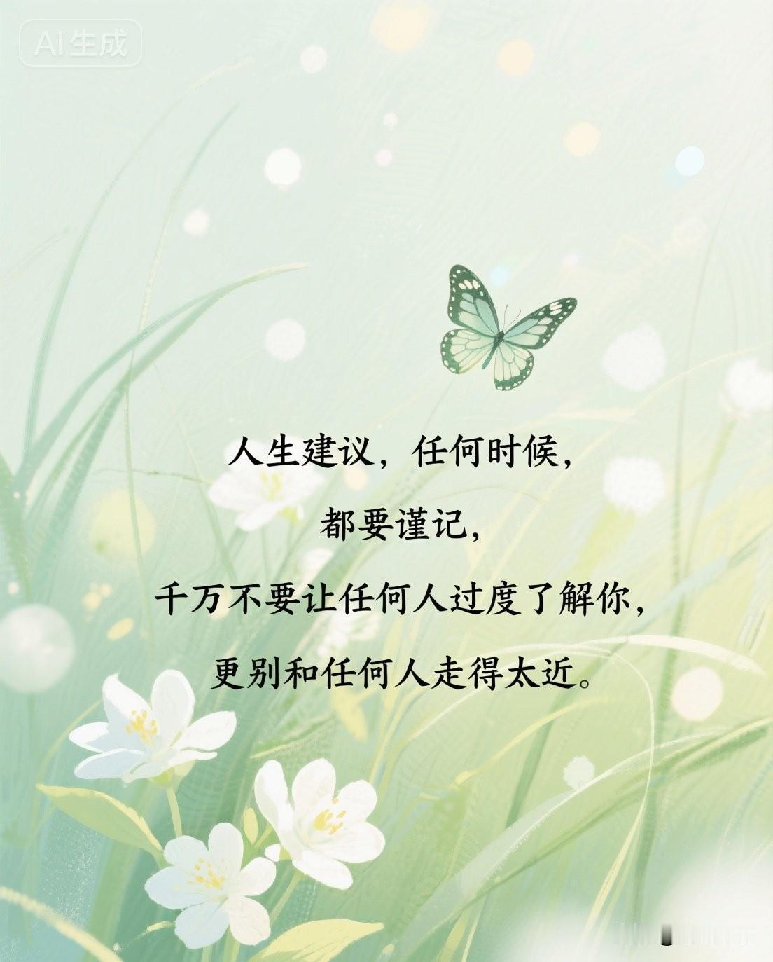 人生建议，任何时候，都要谨记，千万不要让任何人过度了解你，更别和任何人走得太近。