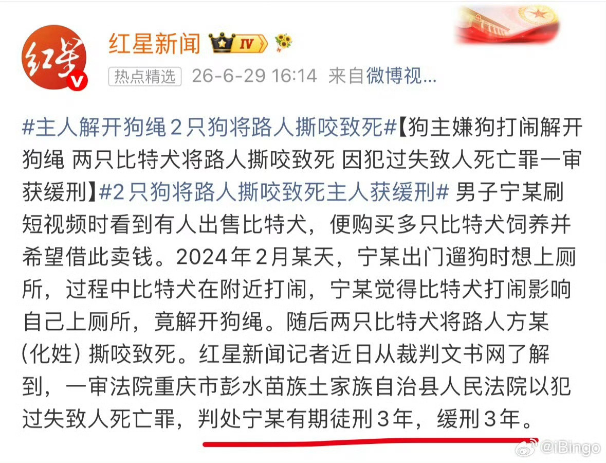 主人解开狗绳2只狗将路人撕咬致死 为什么咬死人才缓刑？？？伤害人更严重为什么判刑