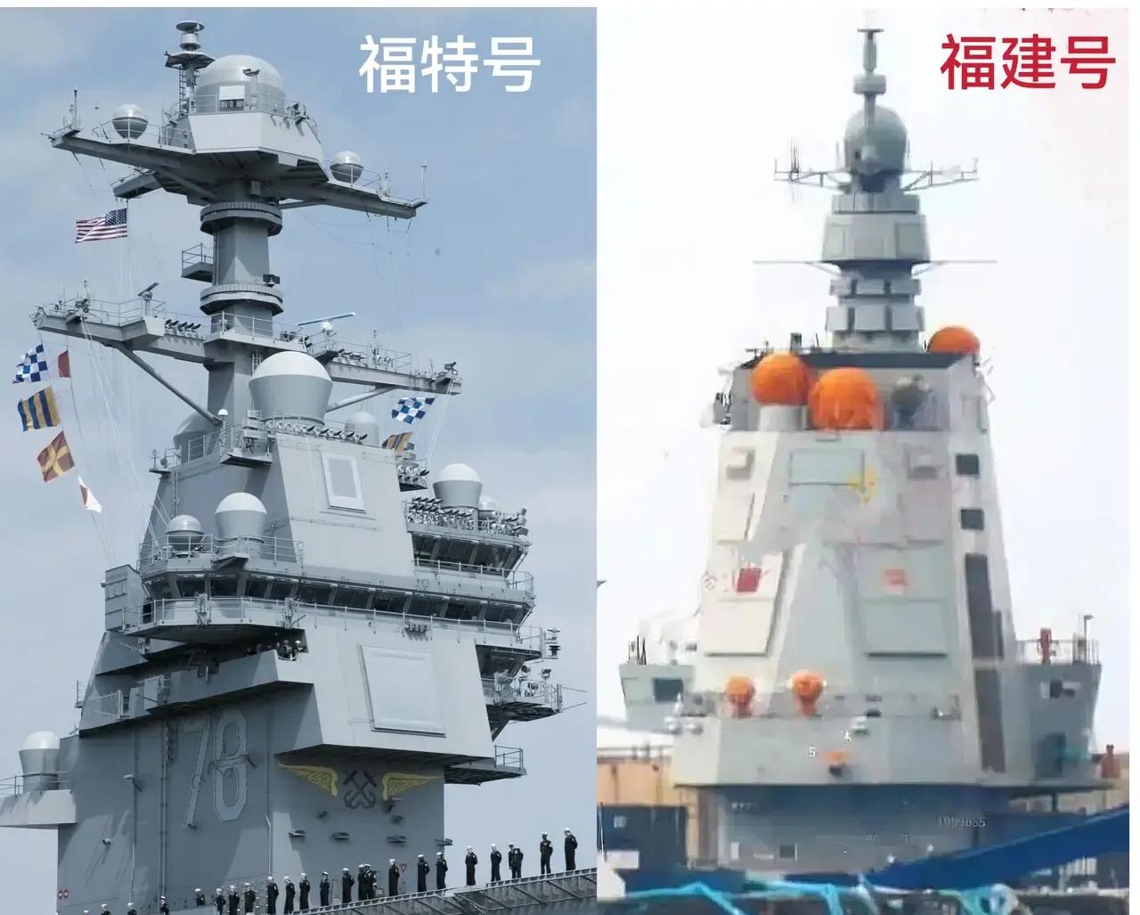 左侧是美国的“福特号”核动力航母，
右侧是中国的“福建号”航空母舰
从外型上看，