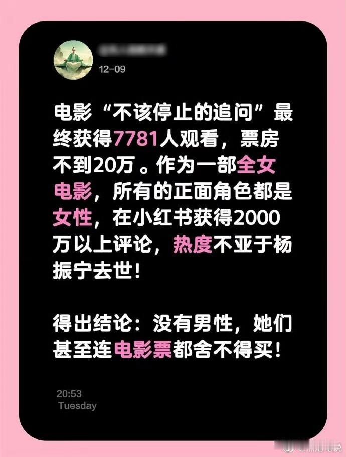 全女电影？没听说过，你知道吗？如果说的属实，那么高的评论，姐妹们咋就不愿意真金白