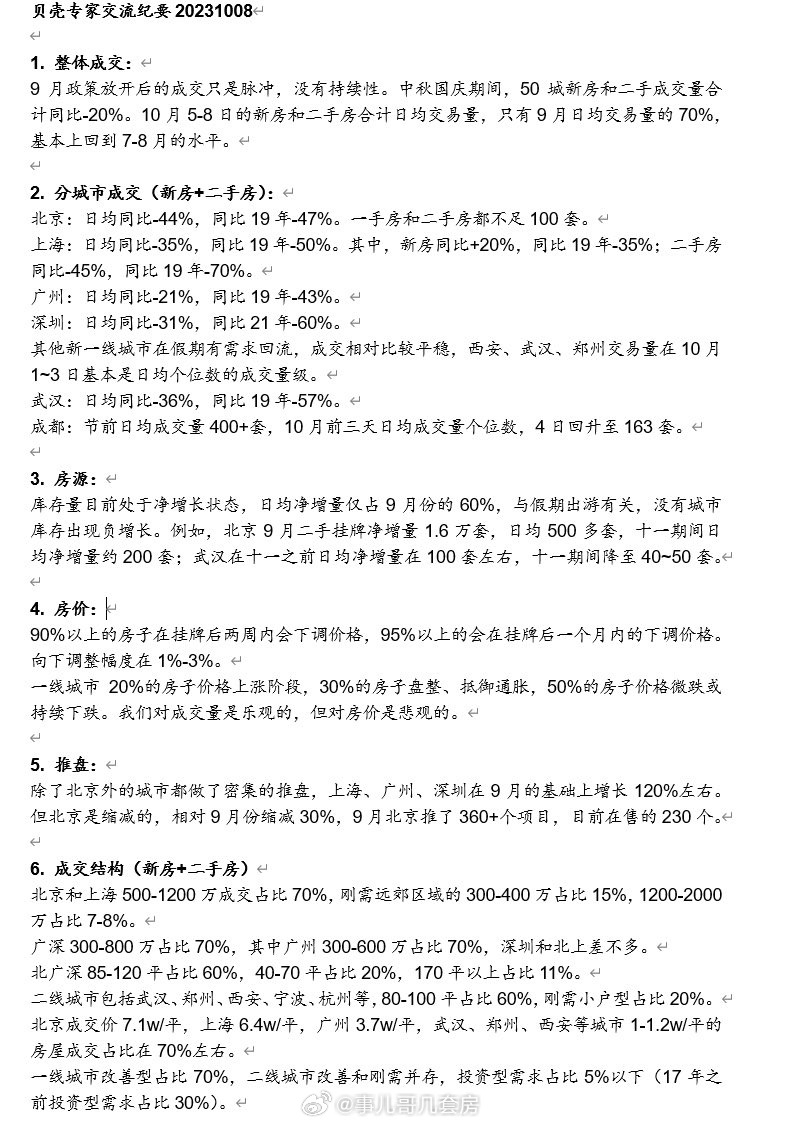 贝壳专家交流纪要（20231008）。北上广深武汉西安杭州...等多城，政策放开