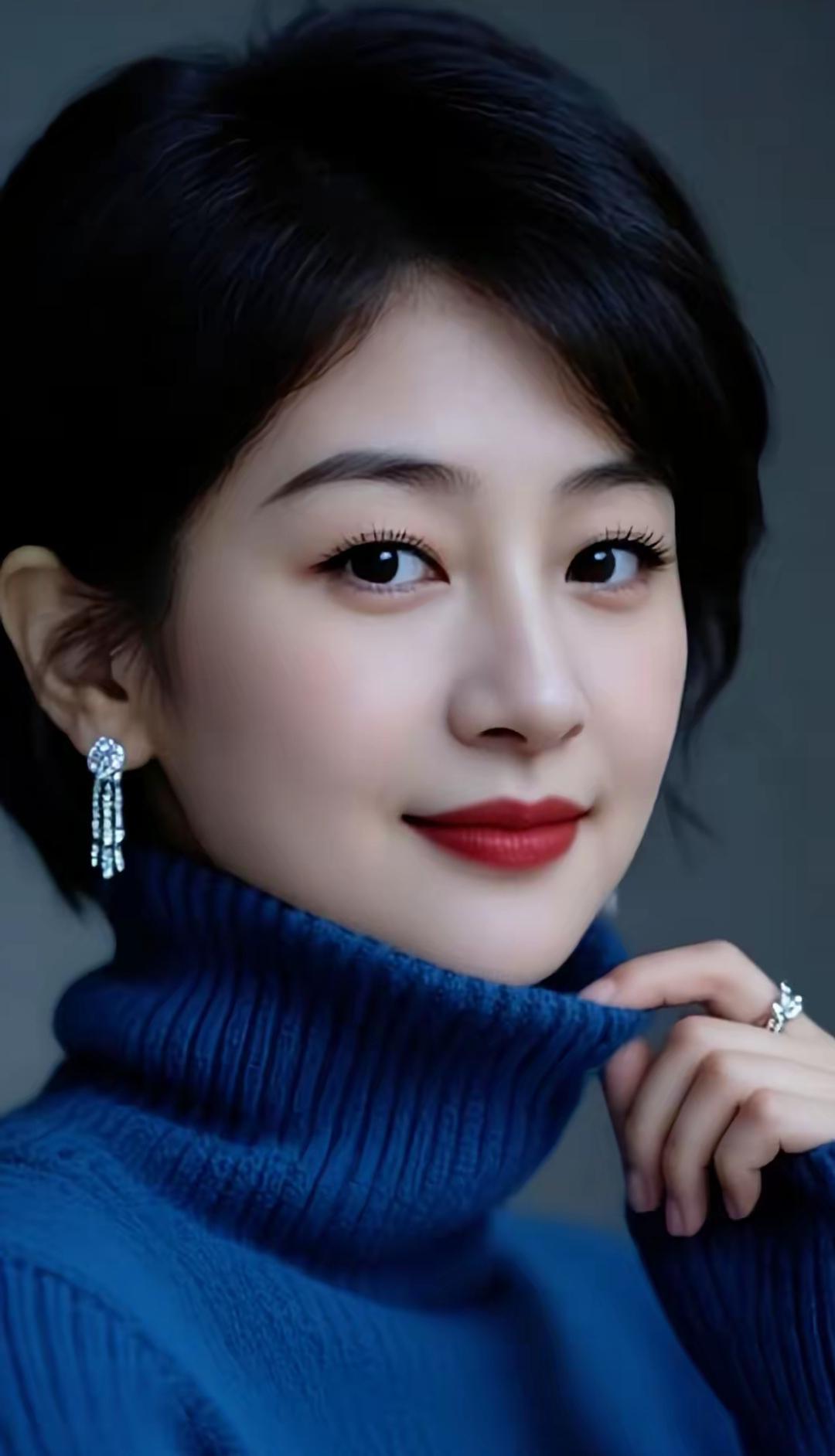 优雅蓝调，甜美笑容，闪耀耳环，完美搭配。高雅气质美女 美女人像群