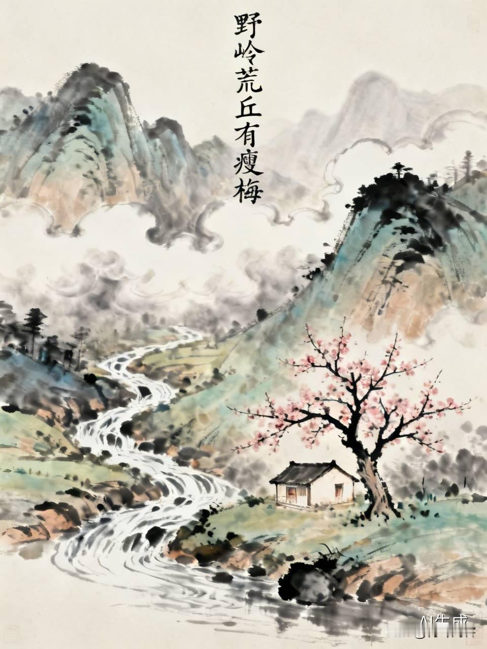 七律·野岭荒丘有瘦梅
野岭荒丘有瘦梅，柴门正对碧溪开。
闲看云雾翻山嗅，静听泉声