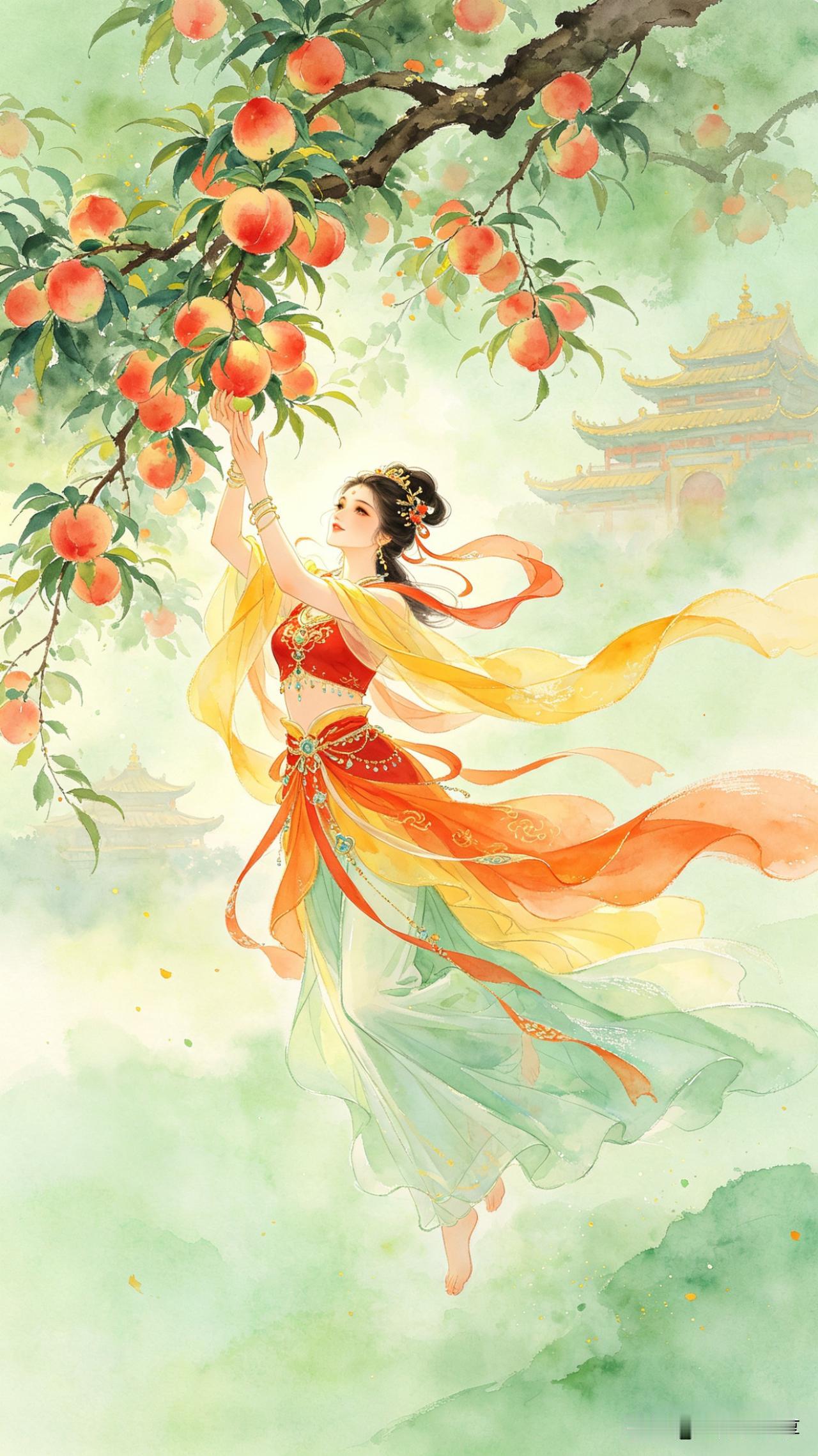 水调歌头·瑶池摘桃

翠叶拥丹实，仙树倚云栽。
霓裳飘举天际，玉臂探琼台。
金殿