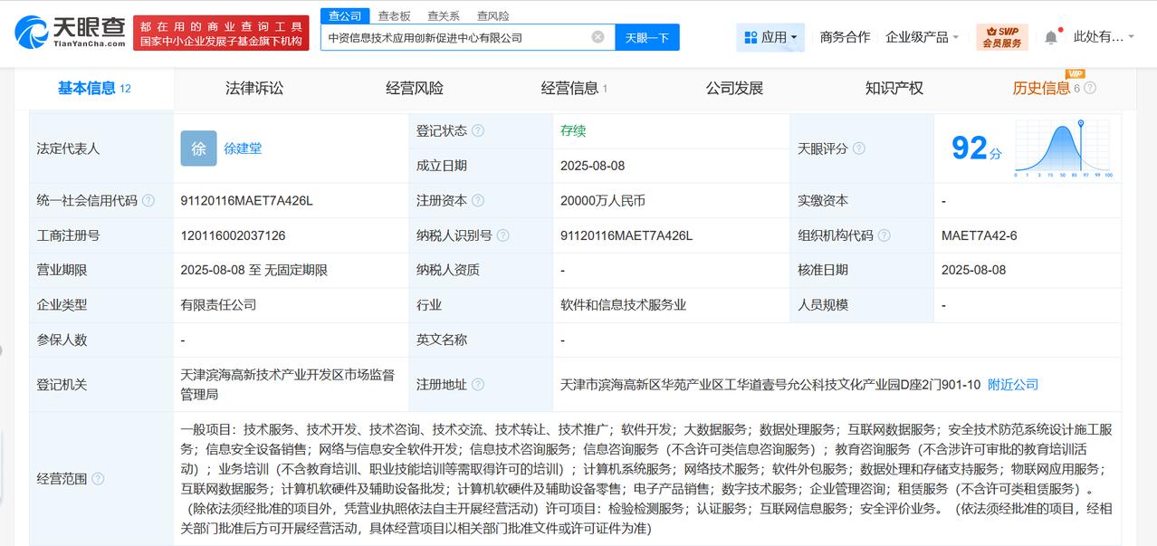 注册资本2亿
天眼查App显示，近日，中资信息技术应用创新促进中心有限公司成立，