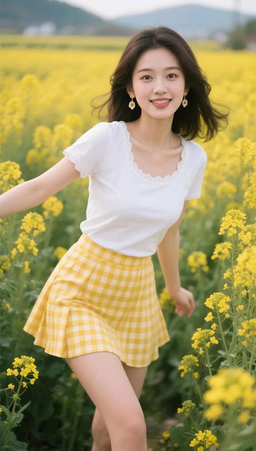 在花田中奔跑的少女，洋溢着青春与活力！🌼💃🌸